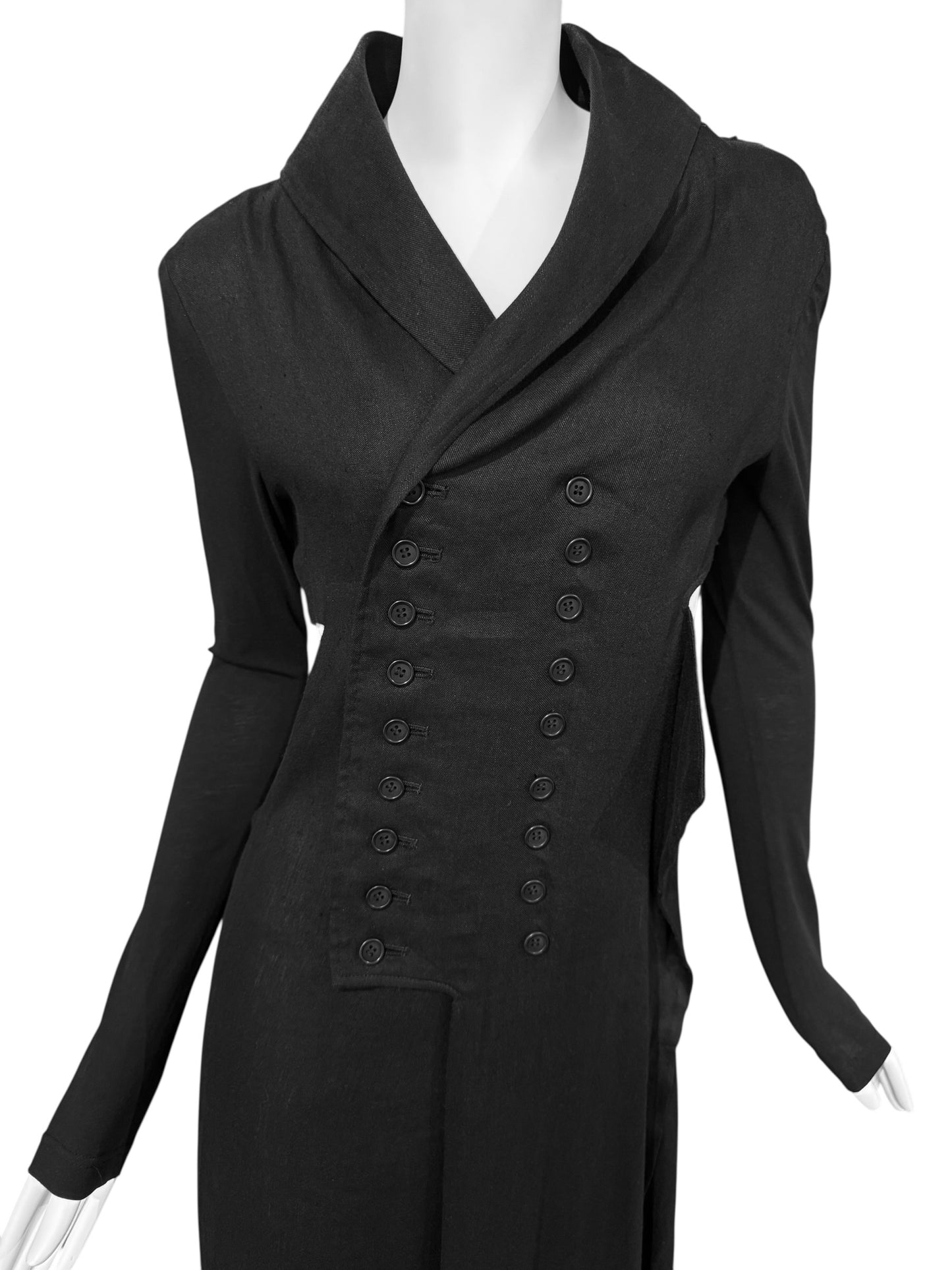 YOHJI YAMAMOTO SS2019 BLACK LINEN DOUBLE BREASTED CUT OUT MAXI DRESS