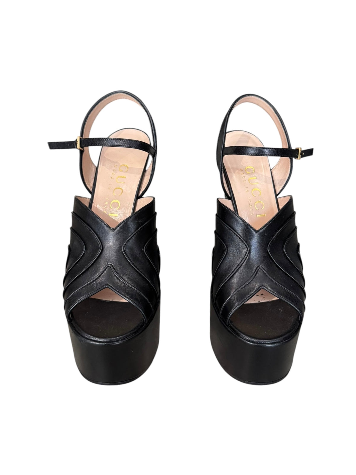 GUCCI SS2022 BY ALESSANDRO MICHELE BLACK LEATHER PLATFORM HEELED SANDALS
