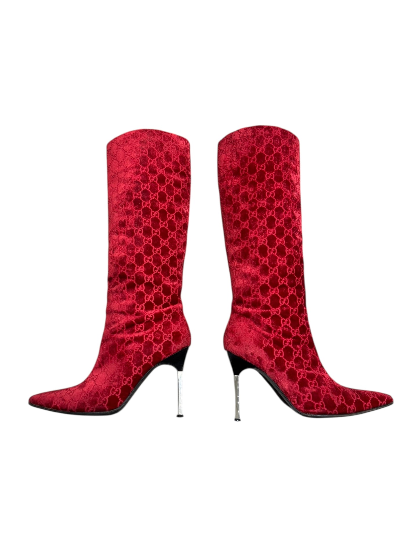 GUCCI FW1997 BY TOM FORD RED VELVET ‘GG’ MONOGRAM BOOTS