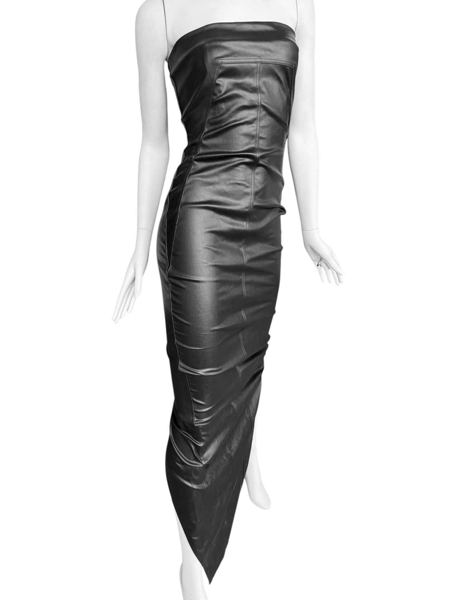 RICK OWENS SS2024 «LIDO» BLACK COATED DENIM BUSTIER MAXI DRESS