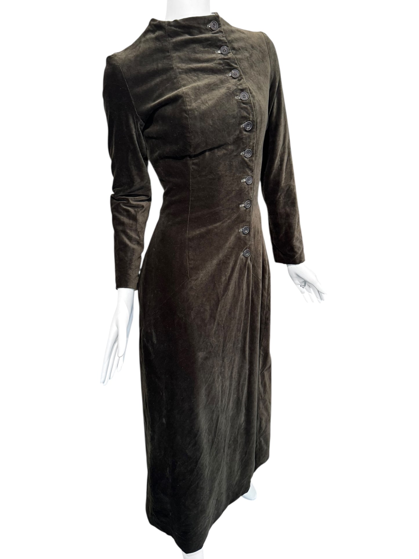 PAUL HARNDEN SHOEMAKERS 2000s DARK OLIVE VELVET MAXI ASYMMETRIC BUTTON MAXI DRESS