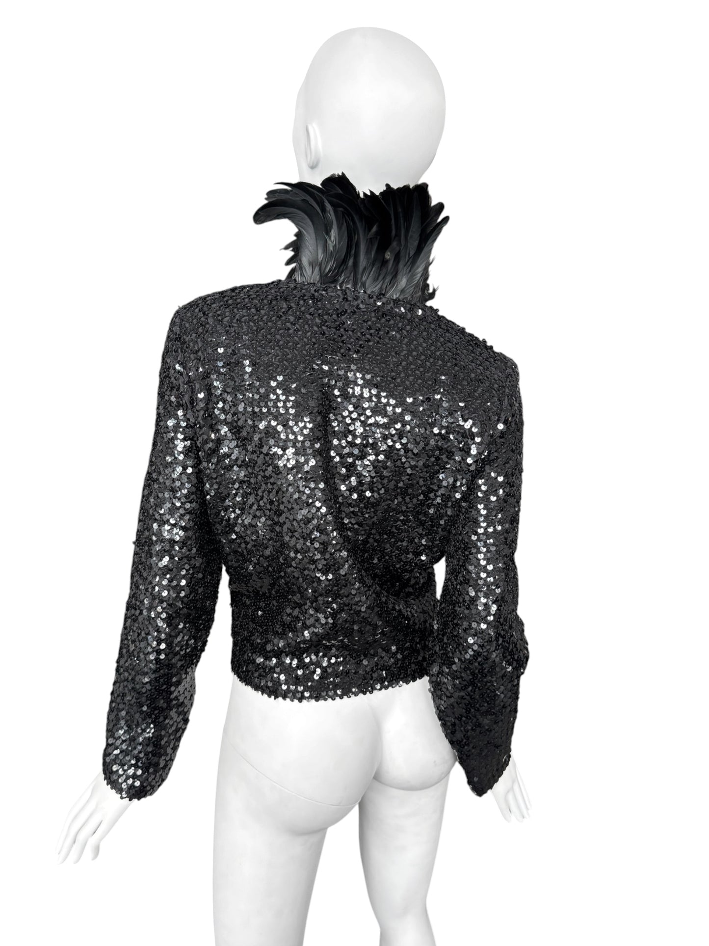 JEAN VARON 1960s BLACK SEQUINS & ROOSTER FEATHERS COLLAR JACKET