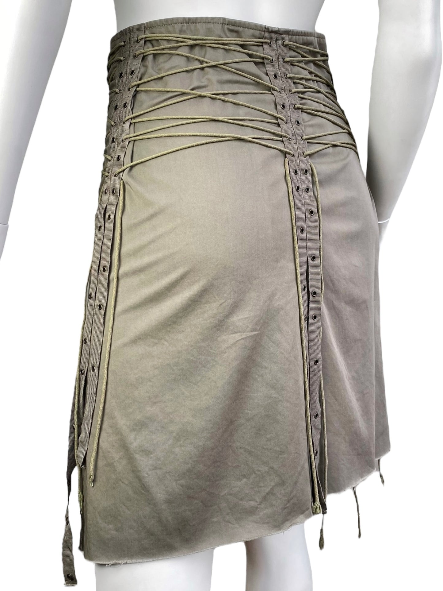 PLEIN SUD SS2003 KHAKI LACED-UP BONDAGE MIDI SKIRT