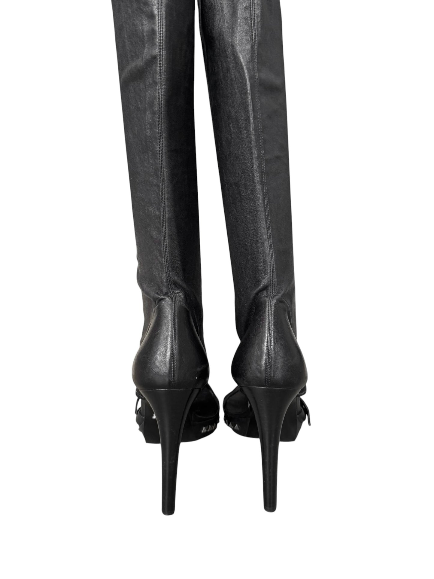 PLEIN SUD 2000s BLACK LEATHER STUDDED OPEN TOE THIGHBOOTS