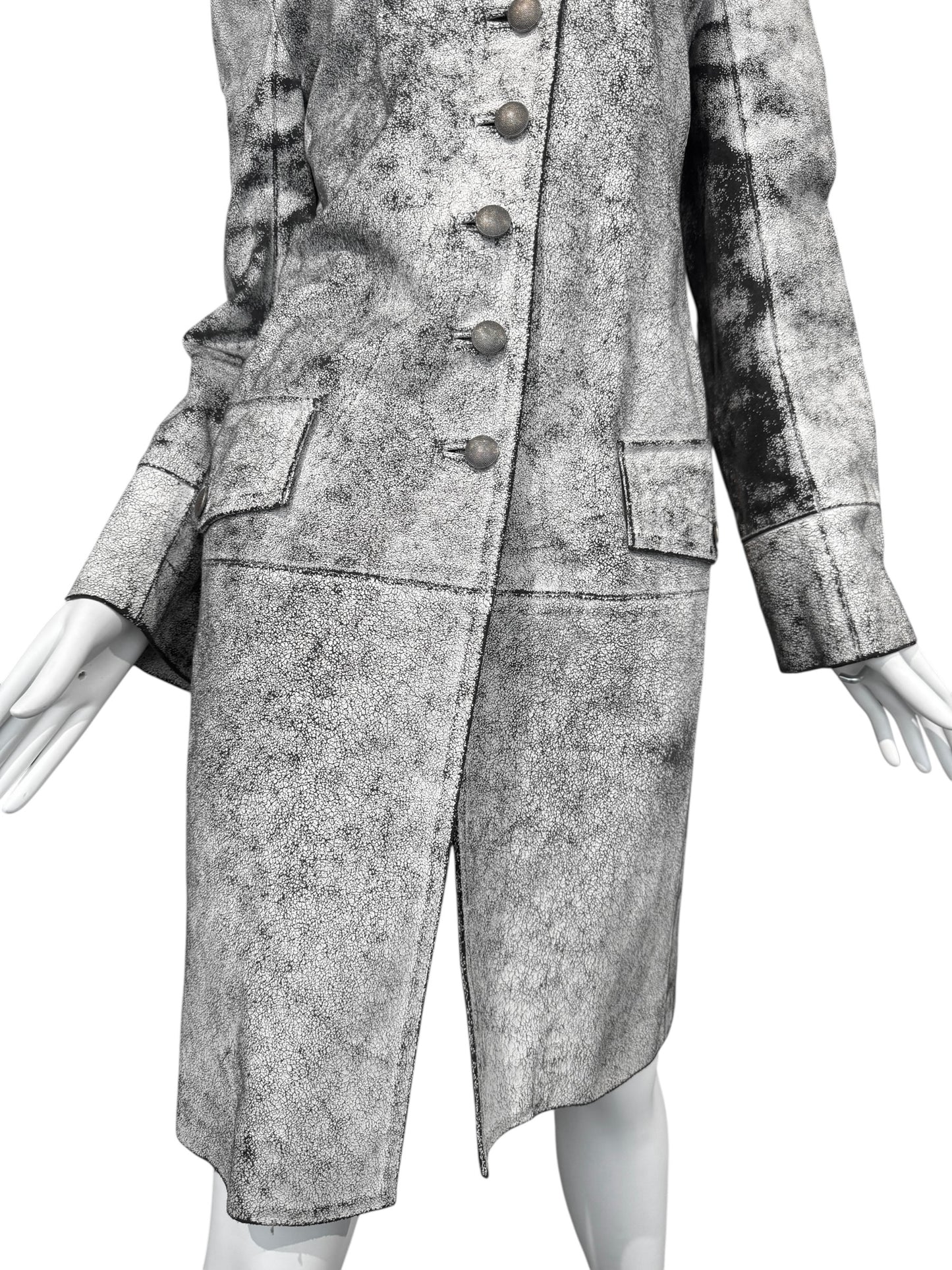 ANN DEMEULEMEESTER SS2002 WHITE CRACKED LEATHER COAT