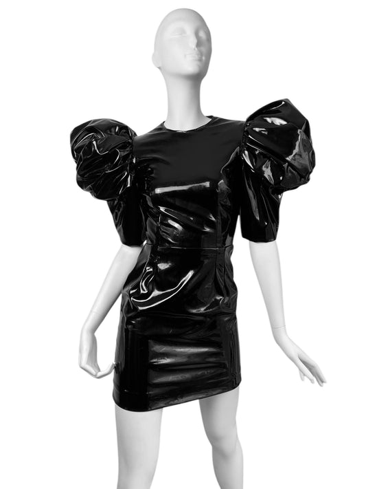 DOLCE & GABBANA FW2022 BLACK VINYL PUFFY SLEEVES MINI DRESS