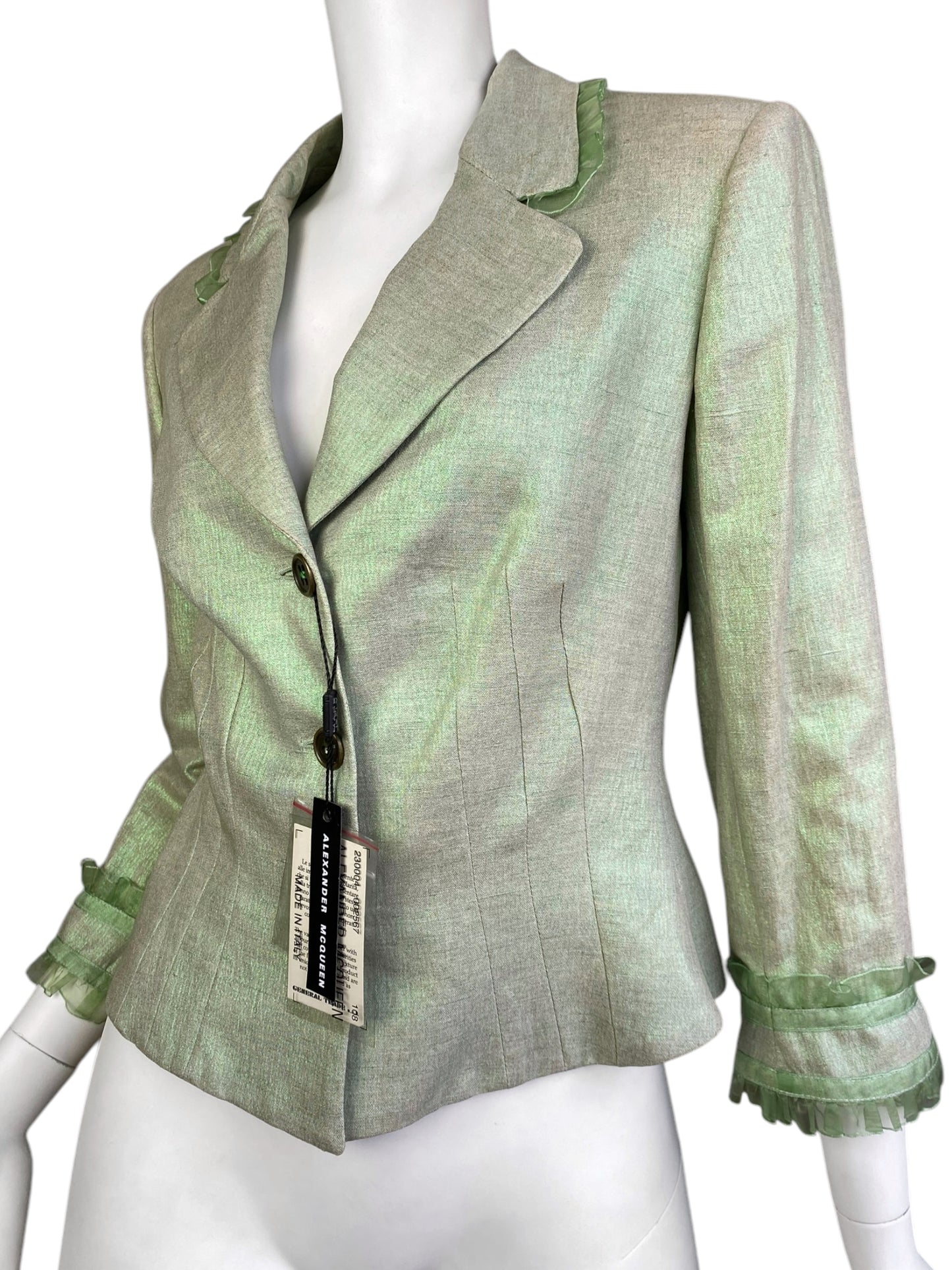 ALEXANDER MCQUEEN C.1995-1996 LIGHT GREEN SHEER RUFFLE TRIM BLAZER