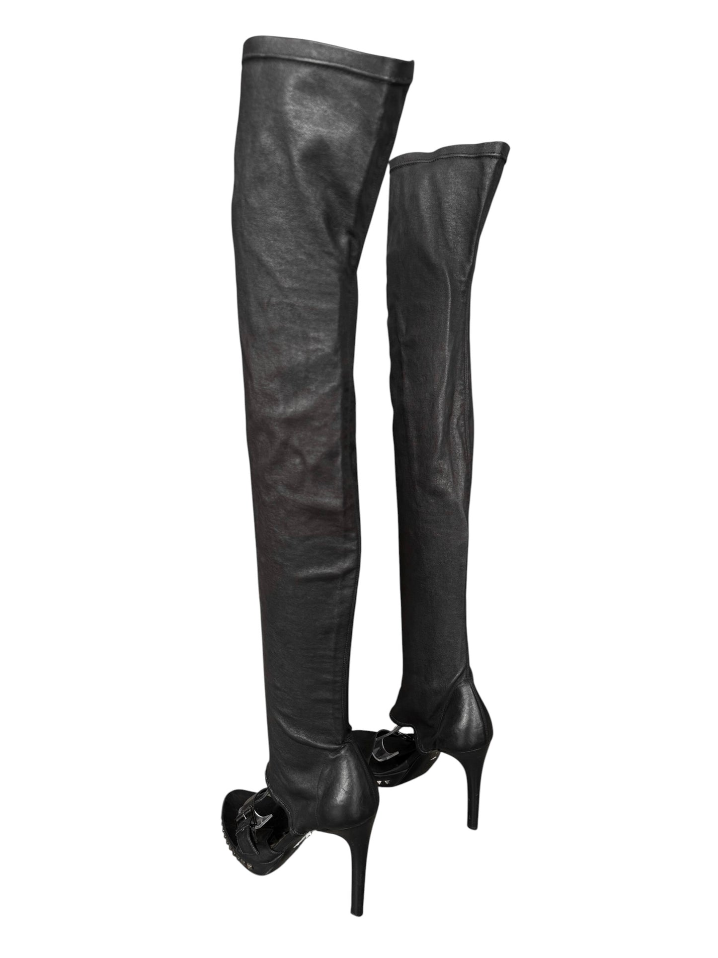 PLEIN SUD 2000s BLACK LEATHER STUDDED OPEN TOE THIGHBOOTS
