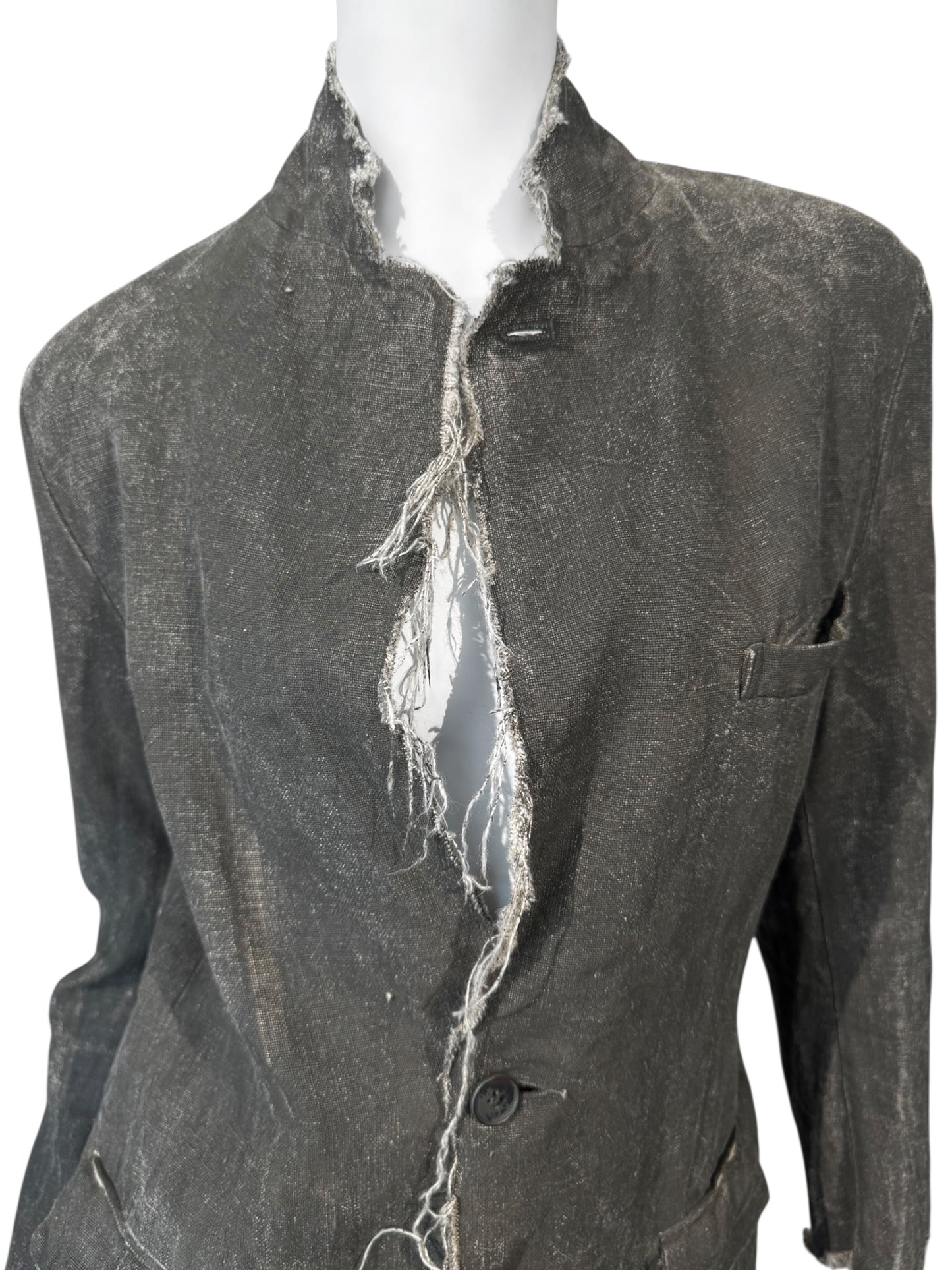 RIPVANWINKLE 2000s GREY LINEN PAINTED DISTRESS BLAZER
