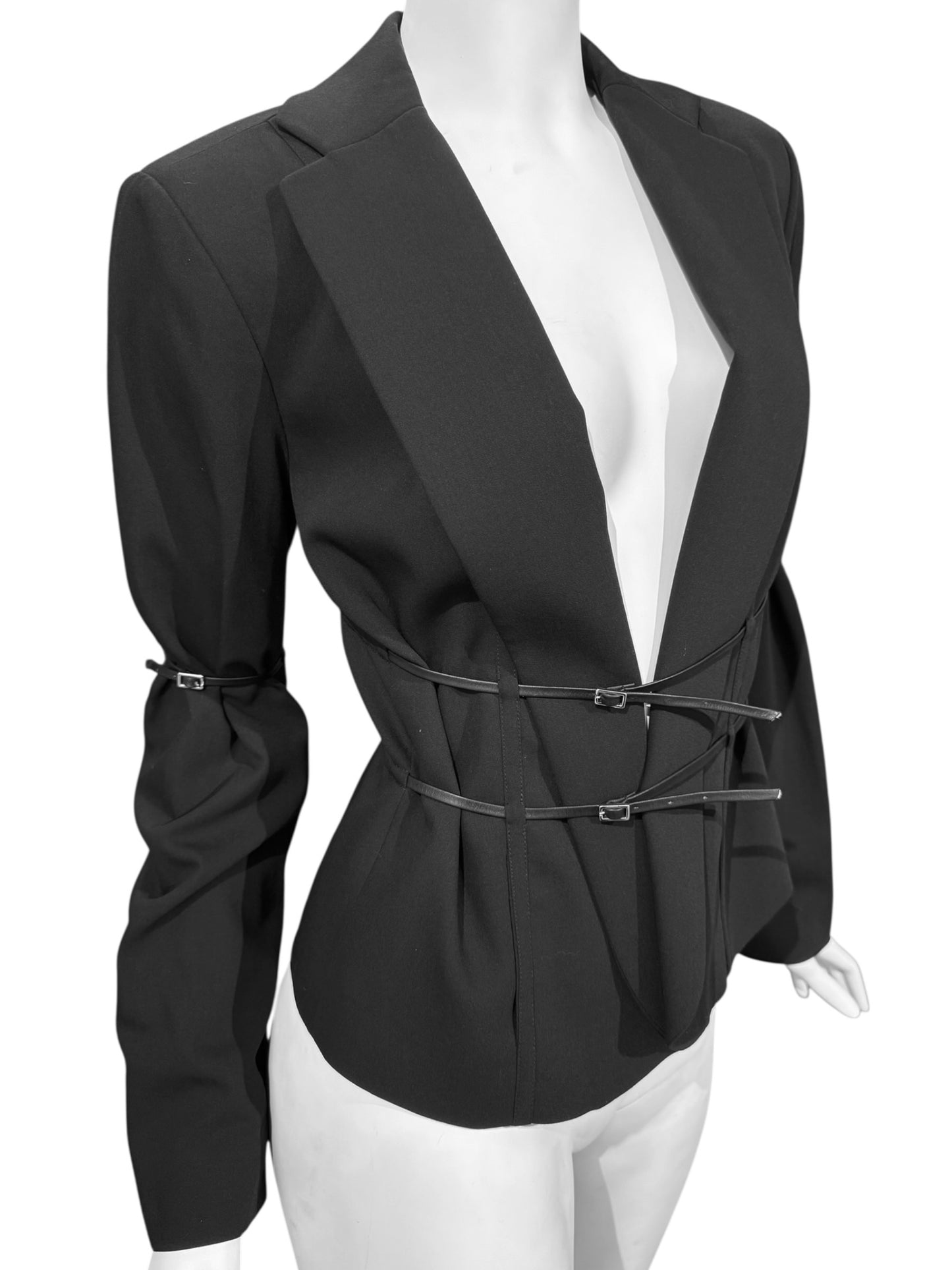 PLEIN SUD 1990s BLACK WOOL LEATHER STRAPS BLAZER