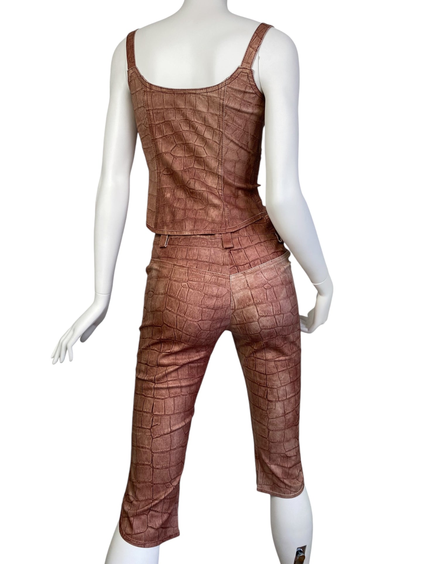 PLEIN SUD JEANS 2000s COPPER LEATHER CROCODILE EMBOSSED 2p. SET (CORSET + CAPRI PANTS)