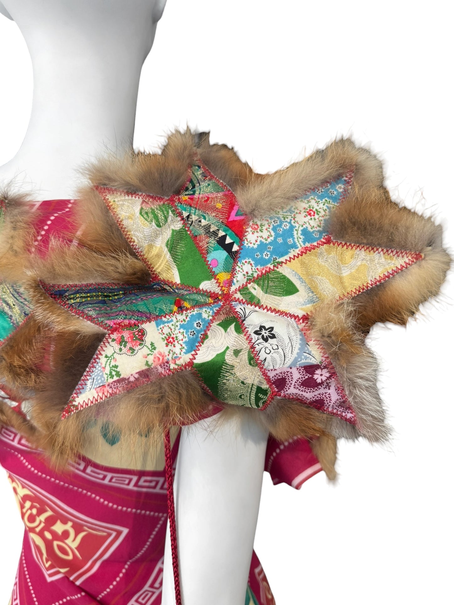 JOHN GALLIANO FW2002 PINK SILK & FUR FOLKLORIC FLORAL PRINT MIDI DRESS