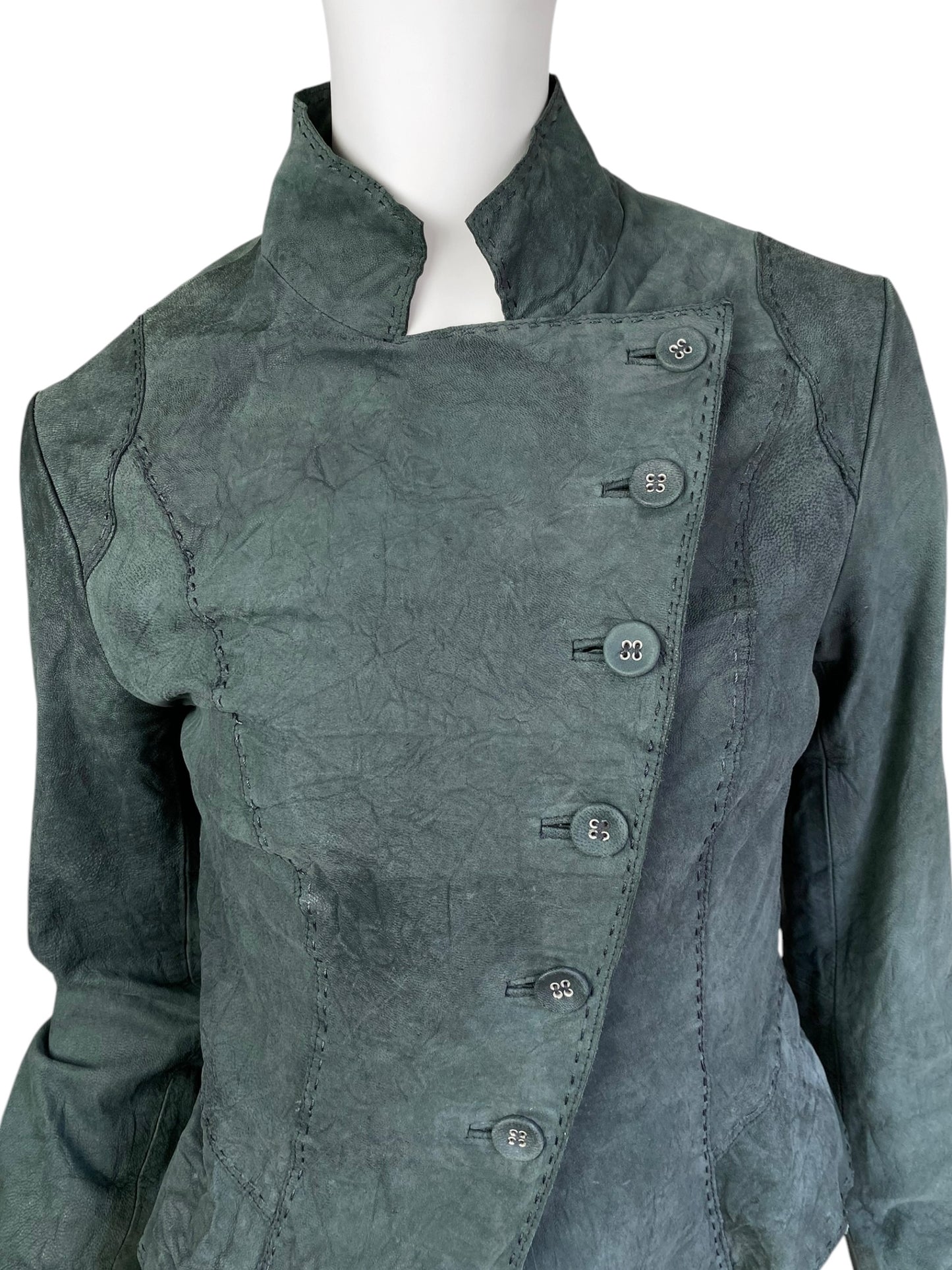 2000s GREYISH GREEN DISTRESS LEATHER CREASED ASYMMETRICAL JACKET