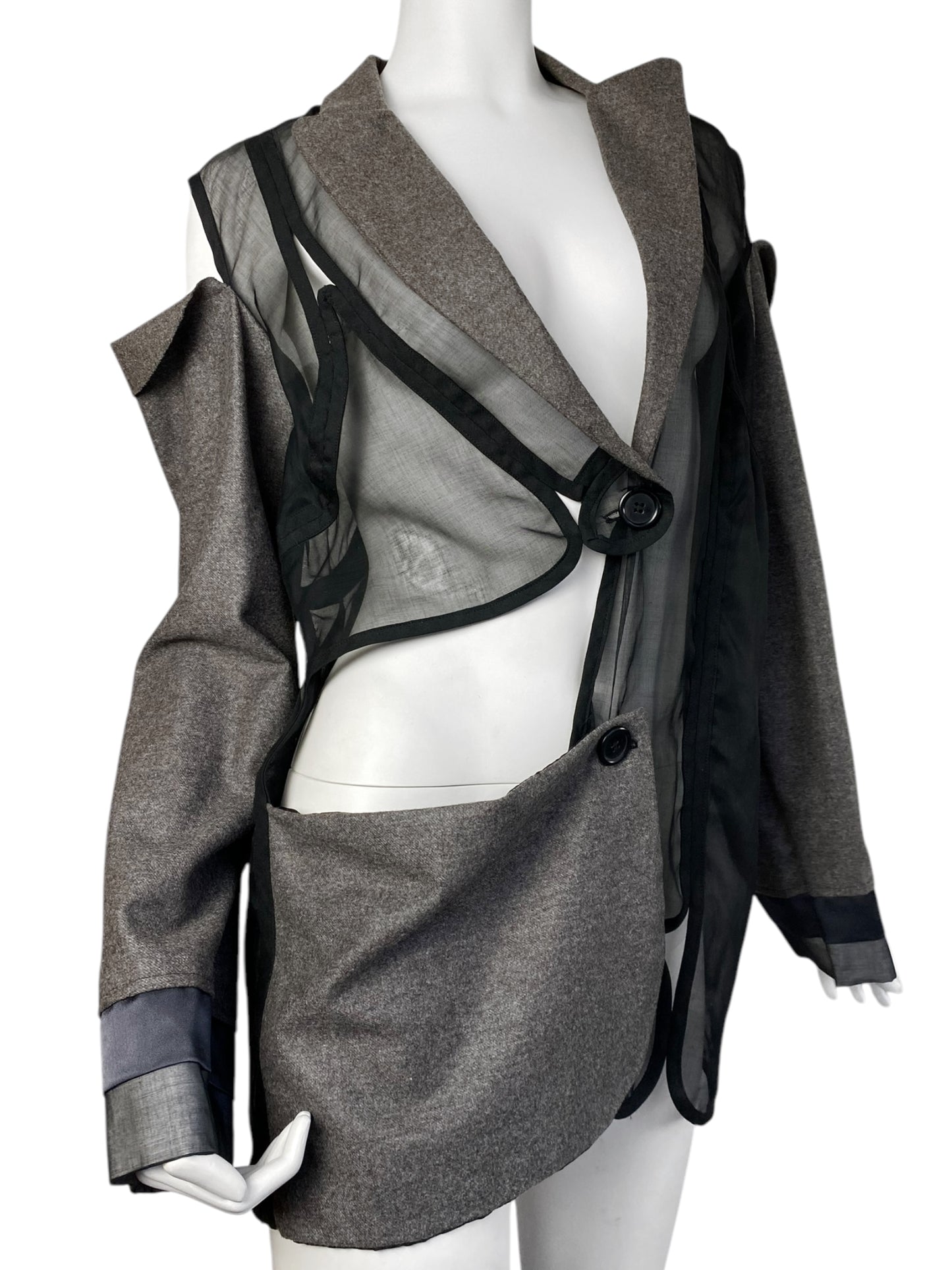 2020s GREY SHEER DECONSTRUCTED AVANT GARDE BLAZER