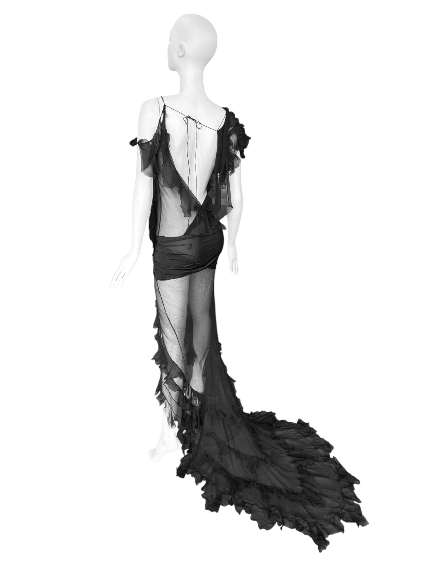 CHRISTIAN DIOR FW2006 BY JOHN GALLIANO BLACK SILK ASYMMETRICAL RUFFLES TRAIN MAXI DRESS