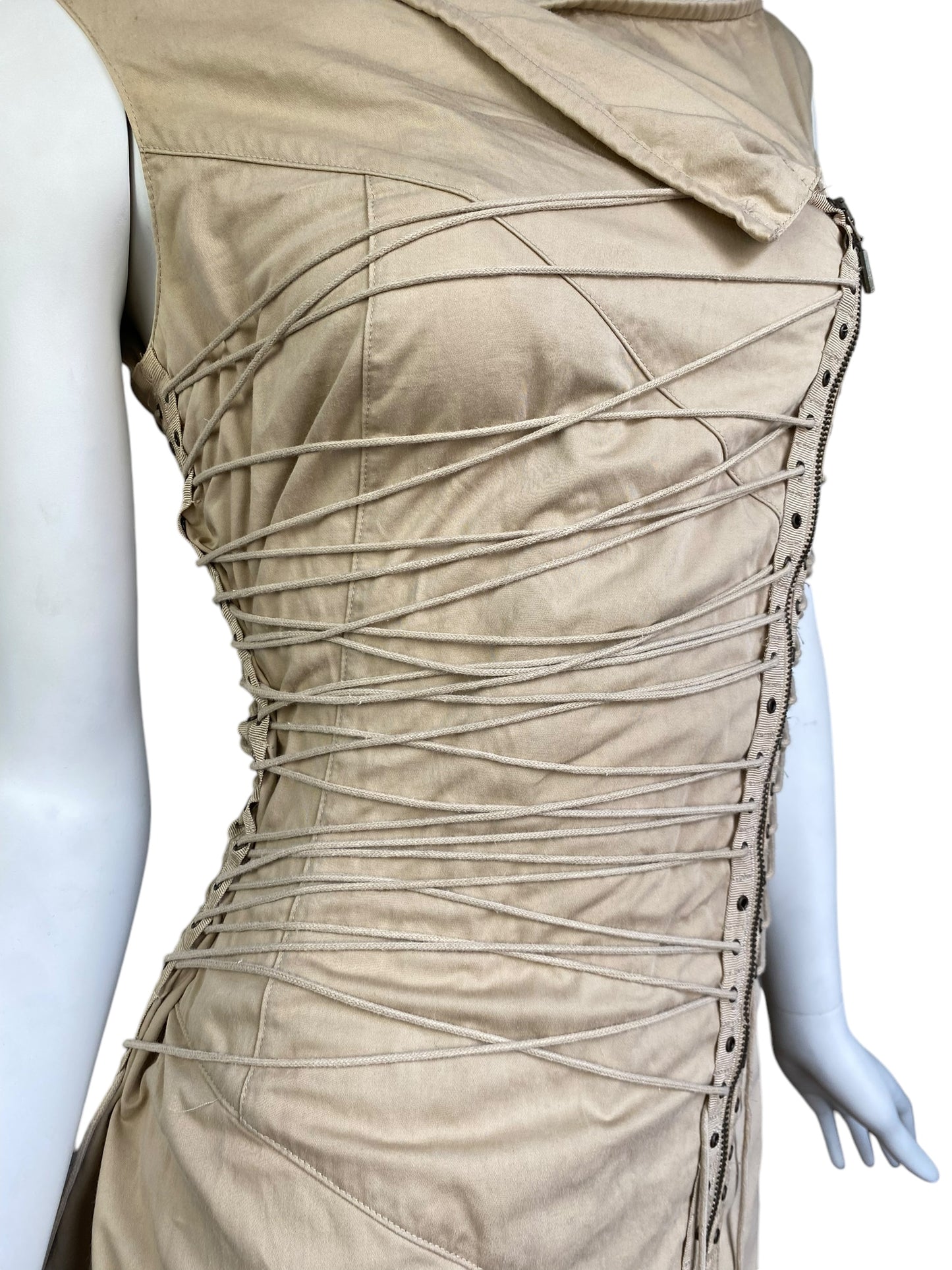 PLEIN SUD SS2003 BEIGE LACED-UP BONDAGE MIDI DRESS