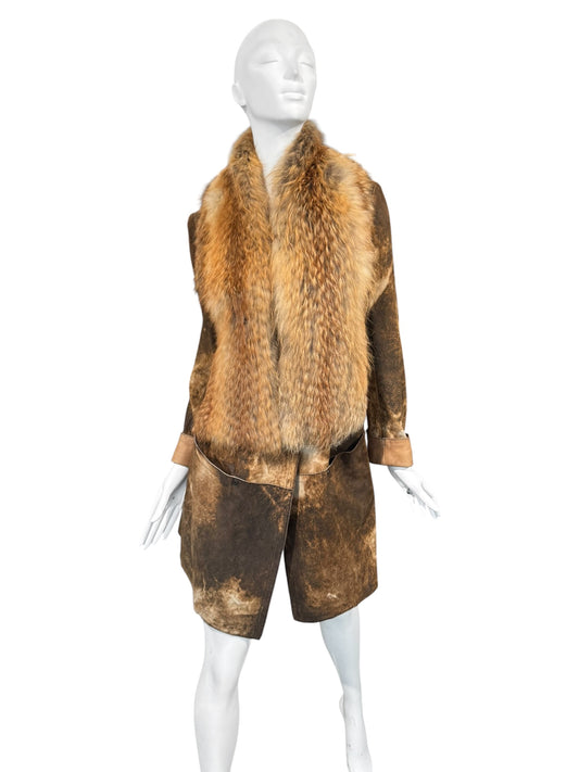 PLEIN SUD JEANIUS FW2011 BROWN LEATHER & FUR 2P. COAT