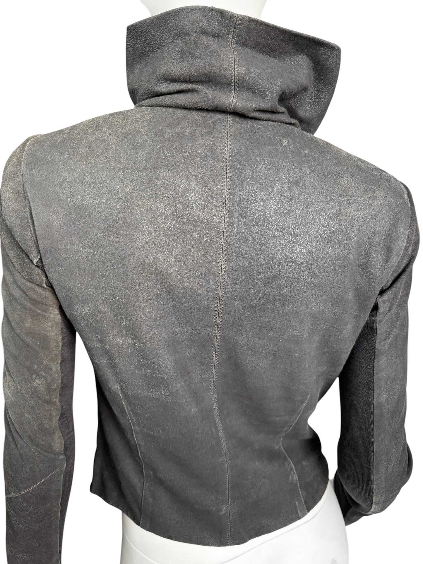RICK OWENS 2000s GREY LEATHER HIGH COLLAR ZIP JACKET