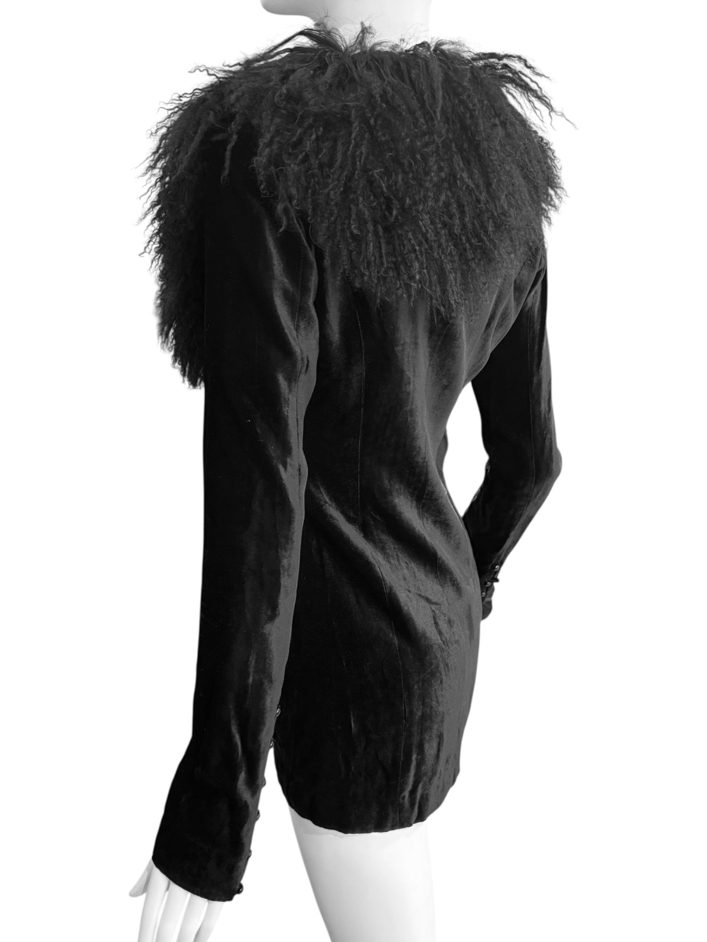 PLEIN SUD FW1994 BLACK VELVET & MONGOLIAN LAMB FUR JACKET