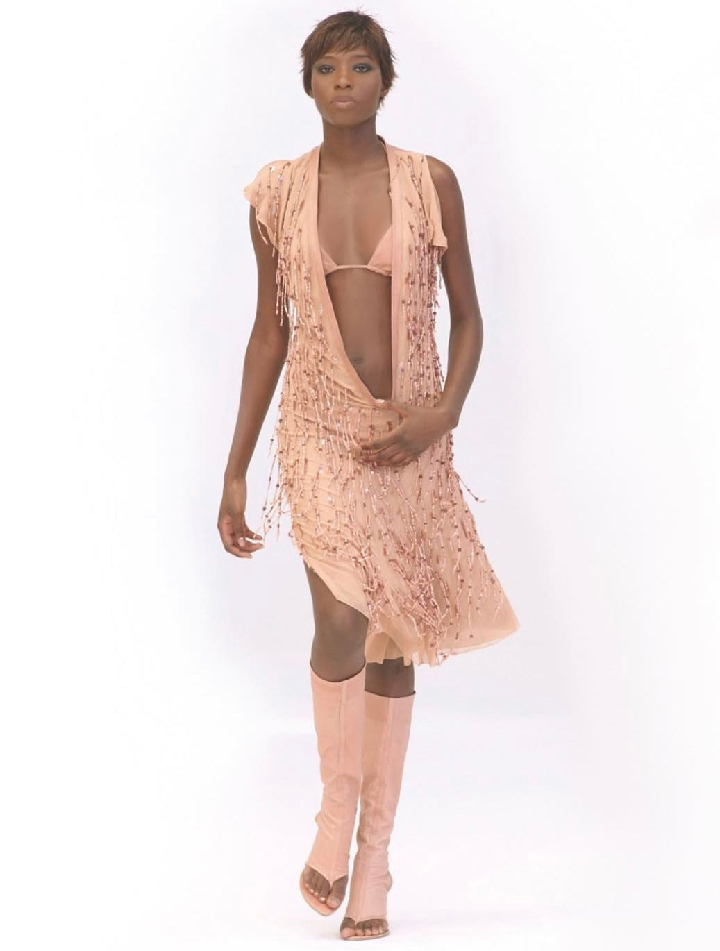 PLEIN SUD SS2004 BROWN LEATHER KNEE-HIGH THONG SANDAL BOOTS