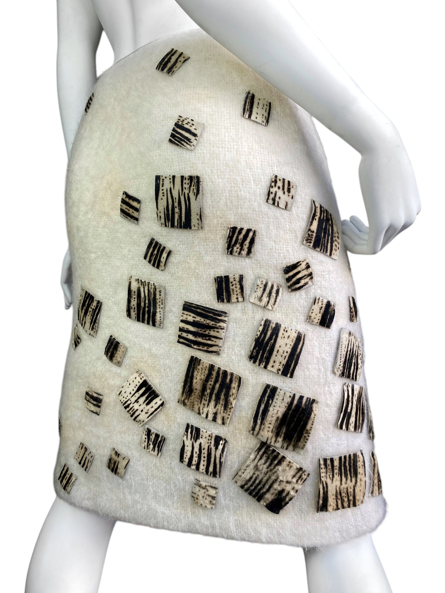 FENDI 1980s BY KARL LAGERFELD CREAM MOHAIR ZEBRA HAIRY LEATHER SQUARES MIDI SKIRT