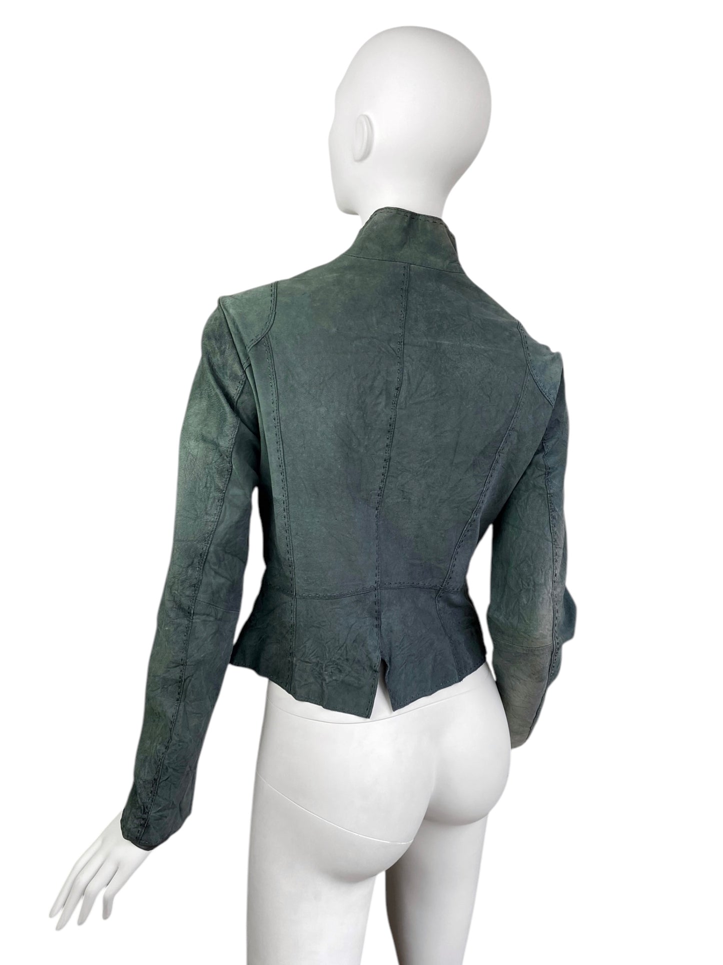 2000s GREYISH GREEN DISTRESS LEATHER CREASED ASYMMETRICAL JACKET