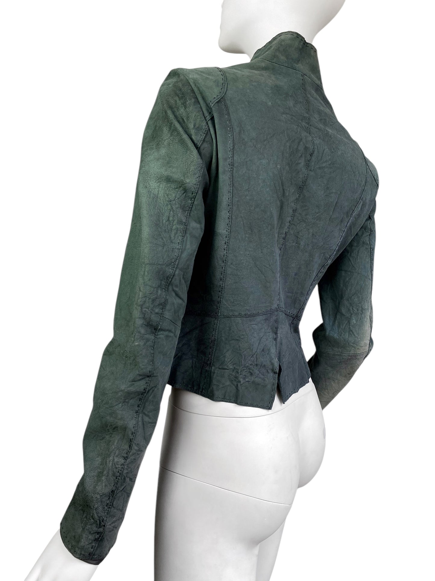 2000s GREYISH GREEN DISTRESS LEATHER CREASED ASYMMETRICAL JACKET