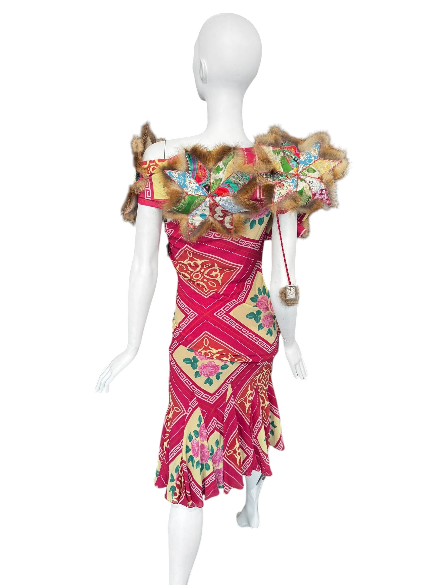 JOHN GALLIANO FW2002 PINK SILK & FUR FOLKLORIC FLORAL PRINT MIDI DRESS