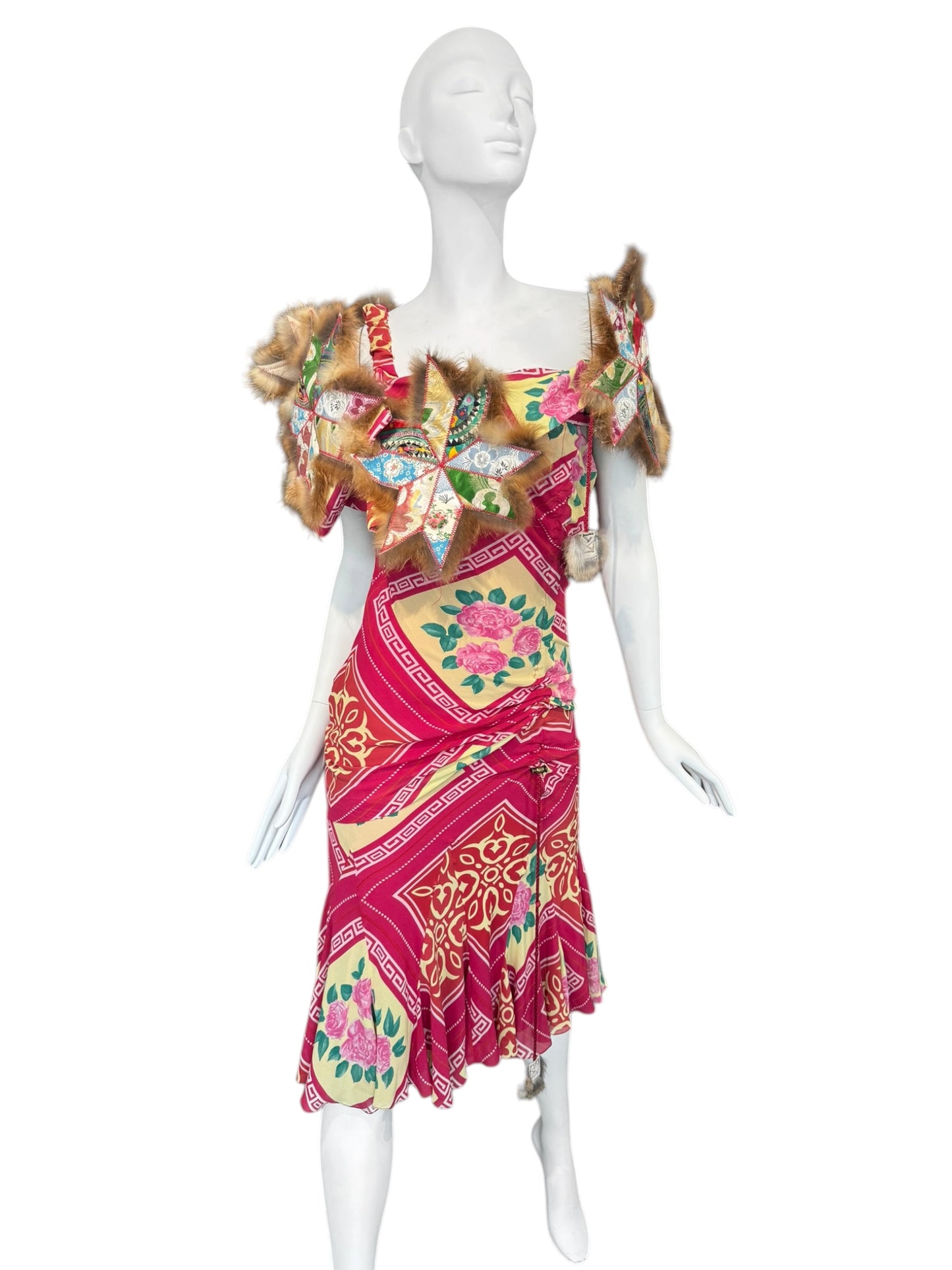 JOHN GALLIANO FW2002 PINK SILK & FUR FOLKLORIC FLORAL PRINT MIDI DRESS