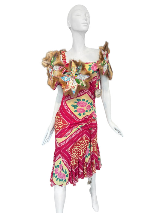 JOHN GALLIANO FW2002 PINK SILK & FUR FOLKLORIC FLORAL PRINT MIDI DRESS