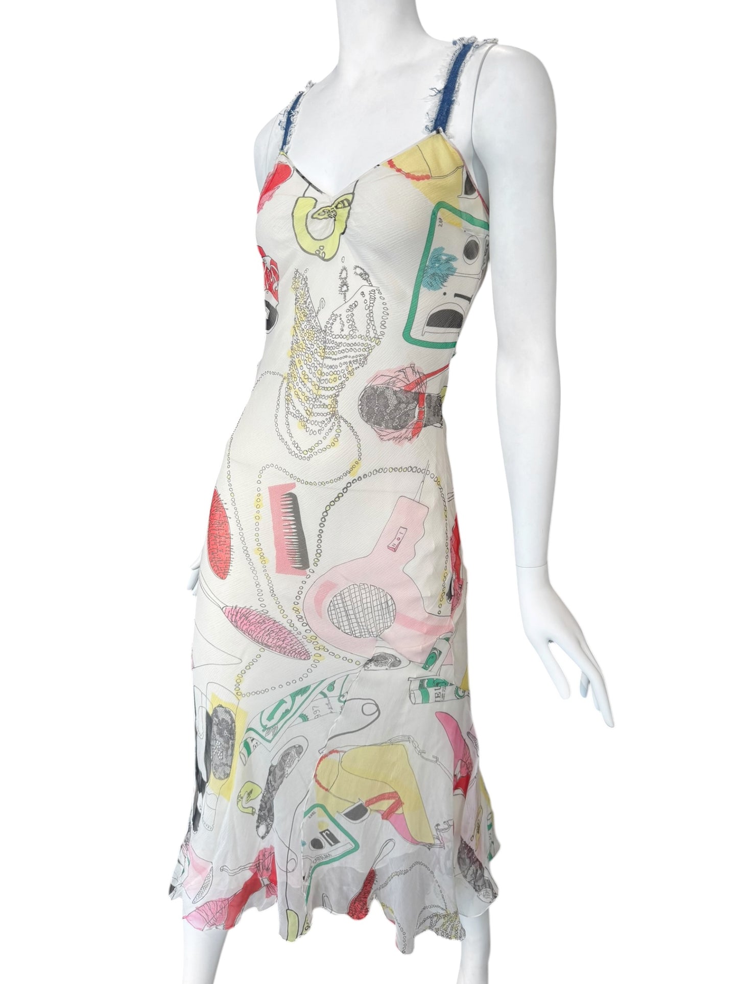 DIOR SS2001 BY JOHN GALLIANO OFF-WHITE SILK KITSCH PRINT MAXI DRESS