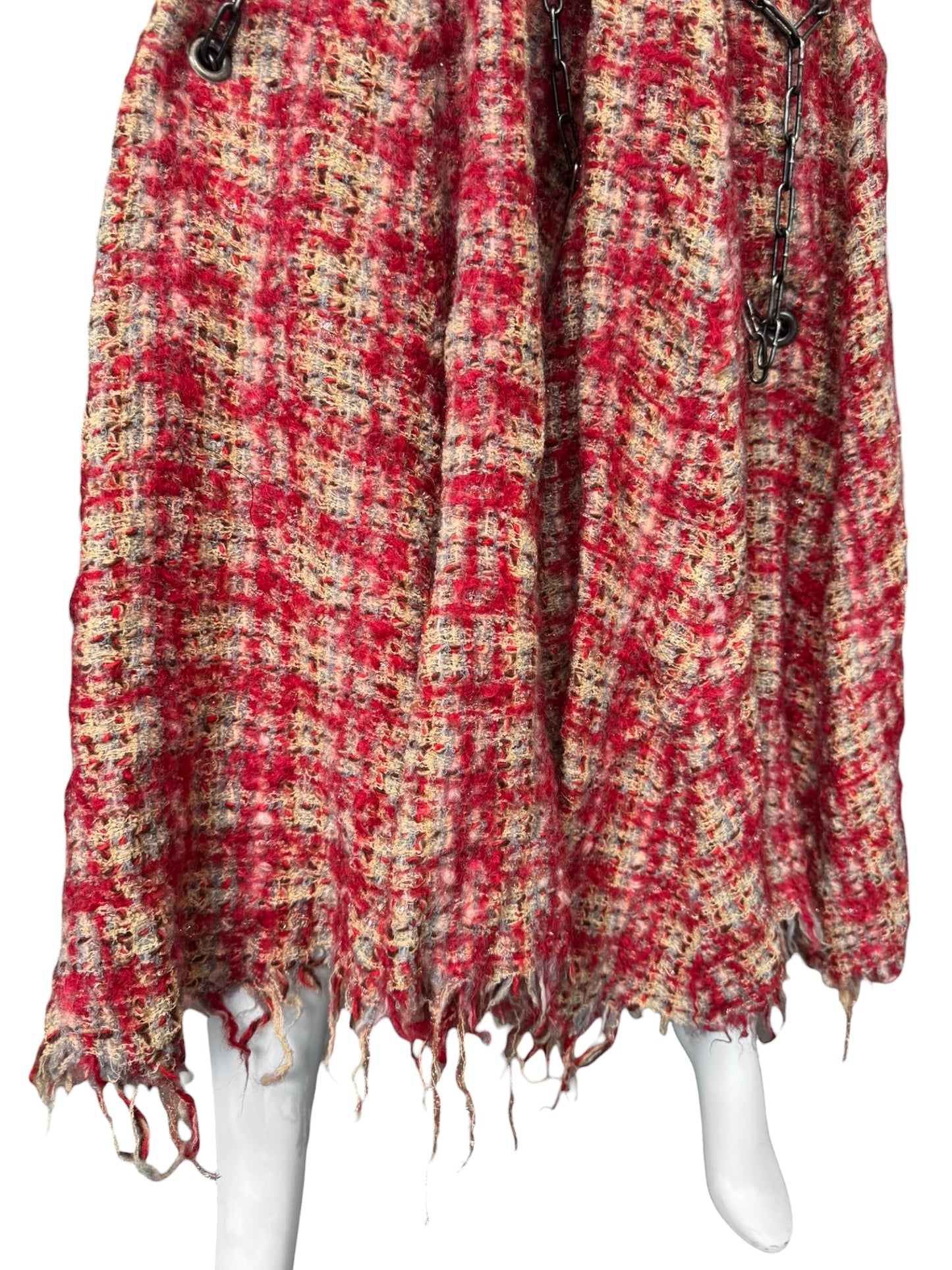 JUNYA WATANABE FW2003 RED WOOL DISTRESS TWEED CHAINS MAXI SKIRT