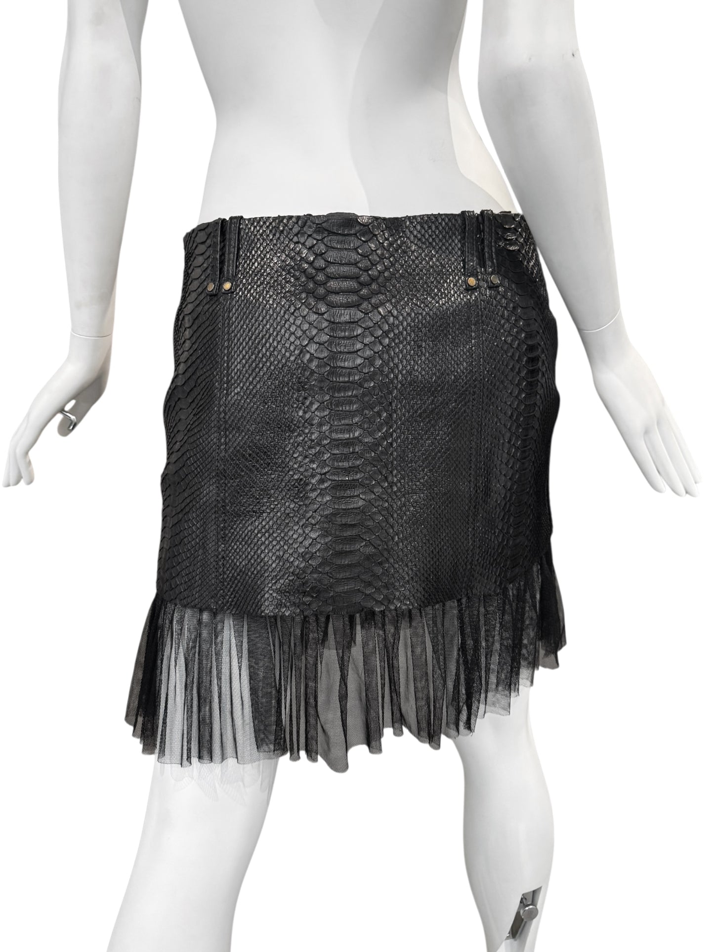 PLEIN SUD SS2011 BLACK PYTHON LEATHER TULLE HEM MINI SKIRT