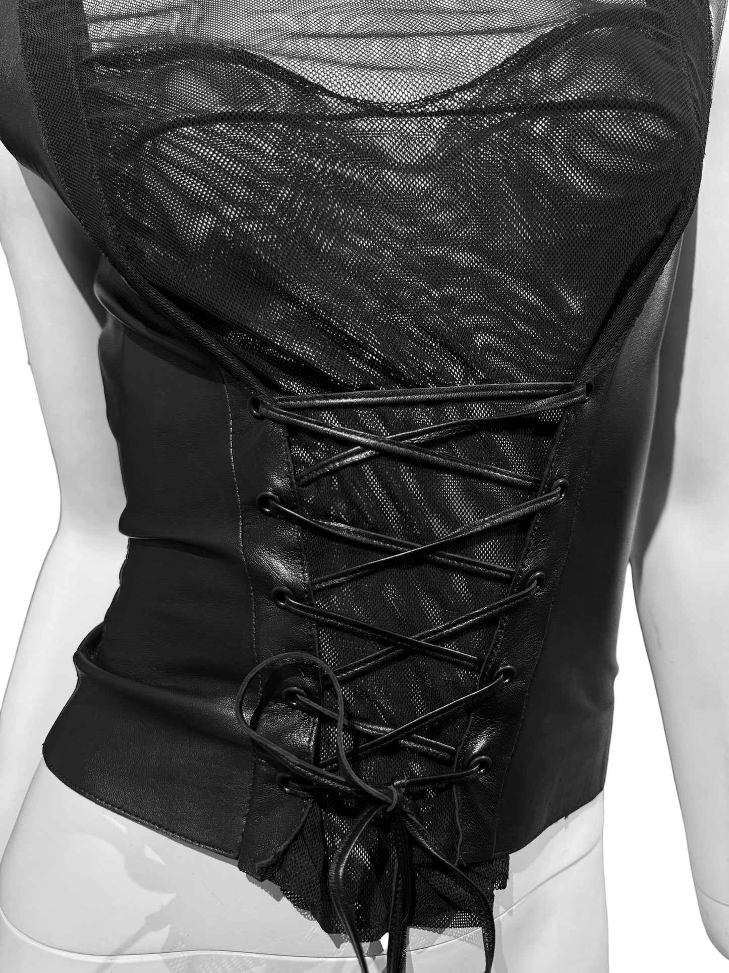 JITROIS 2000s BLACK LEATHER & SILK TULLE LACE-UP TANK TOP