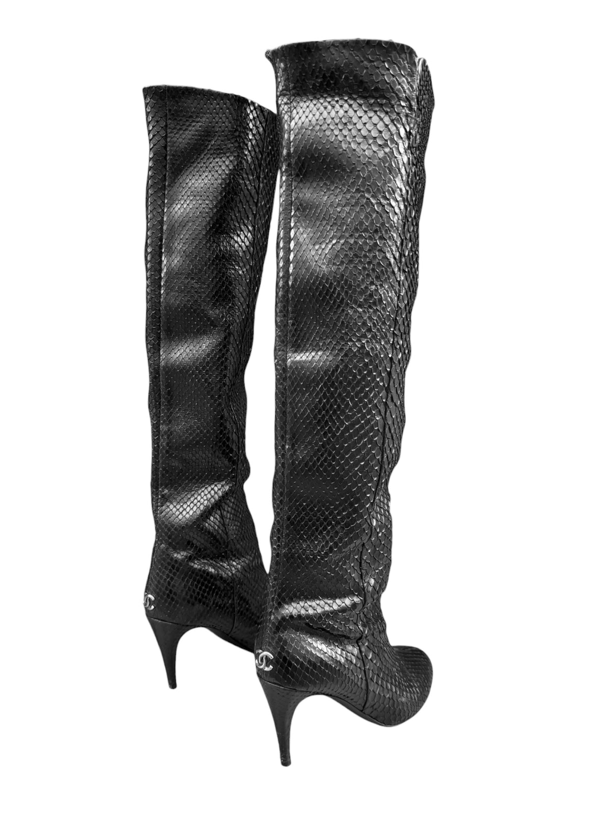 CHANEL 2000s BY KARL LAGERFELD BLACK PYTHON LEATHER BOOTS