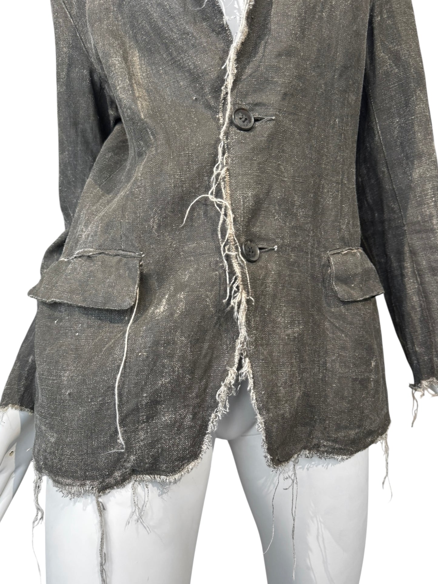 RIPVANWINKLE 2000s GREY LINEN PAINTED DISTRESS BLAZER