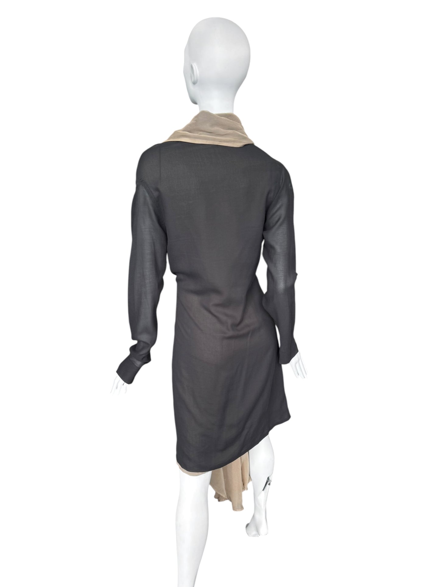 GUSTAVO LINS HAUTE COUTURE SS2009 DARK GREY & BEIGE SILK LAYERED PLEATED MIDI DRESS