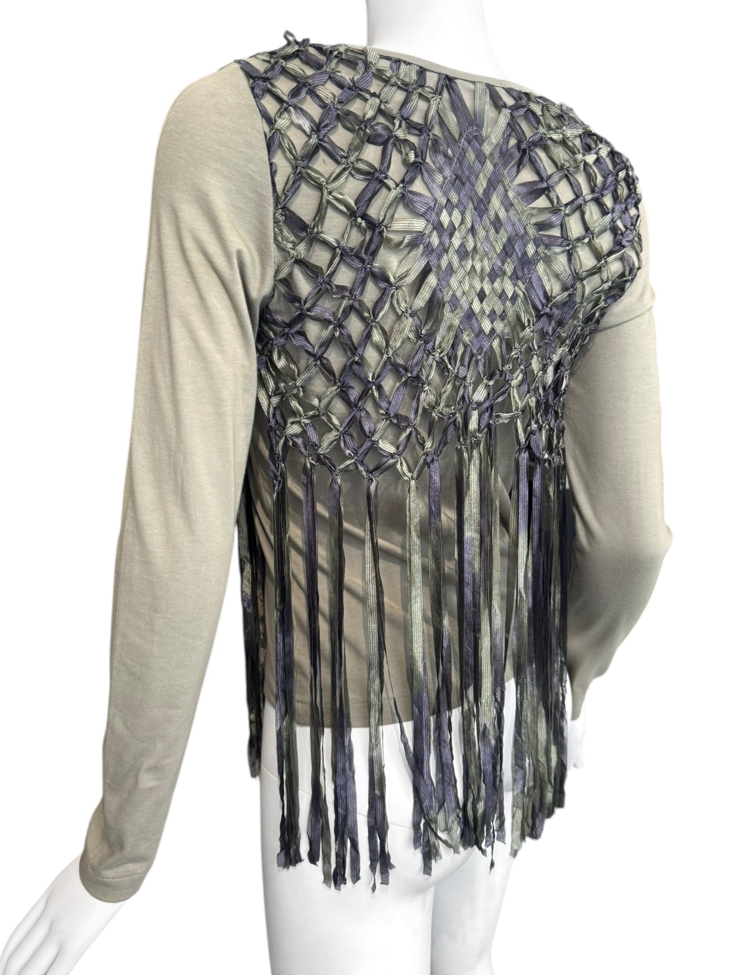 DIOR SS2003 BY JOHN GALLIANO KAKI COTTON & SILK KNOTTED FRINGE CARDIGAN