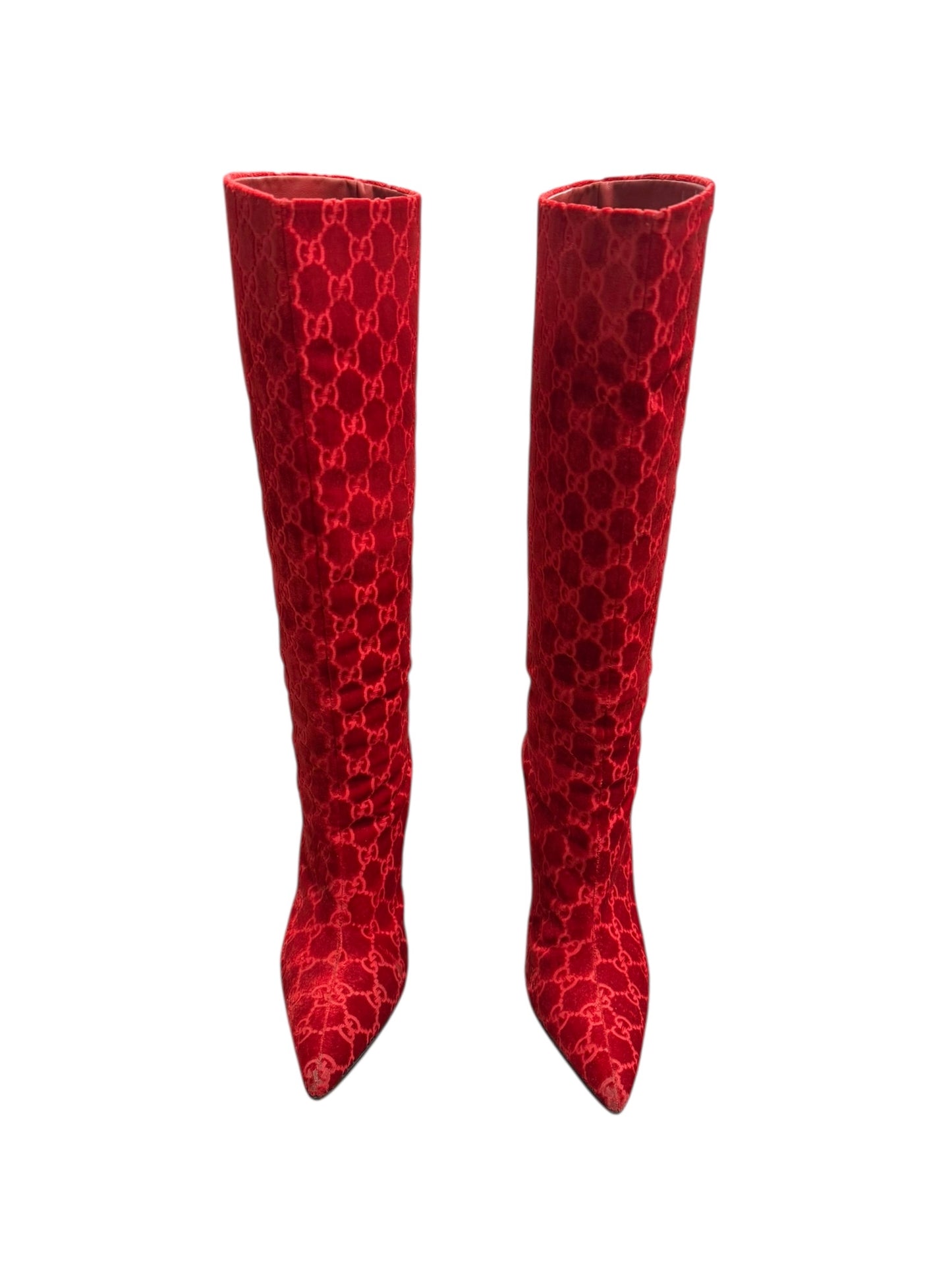 GUCCI FW1997 BY TOM FORD RED VELVET ‘GG’ MONOGRAM BOOTS