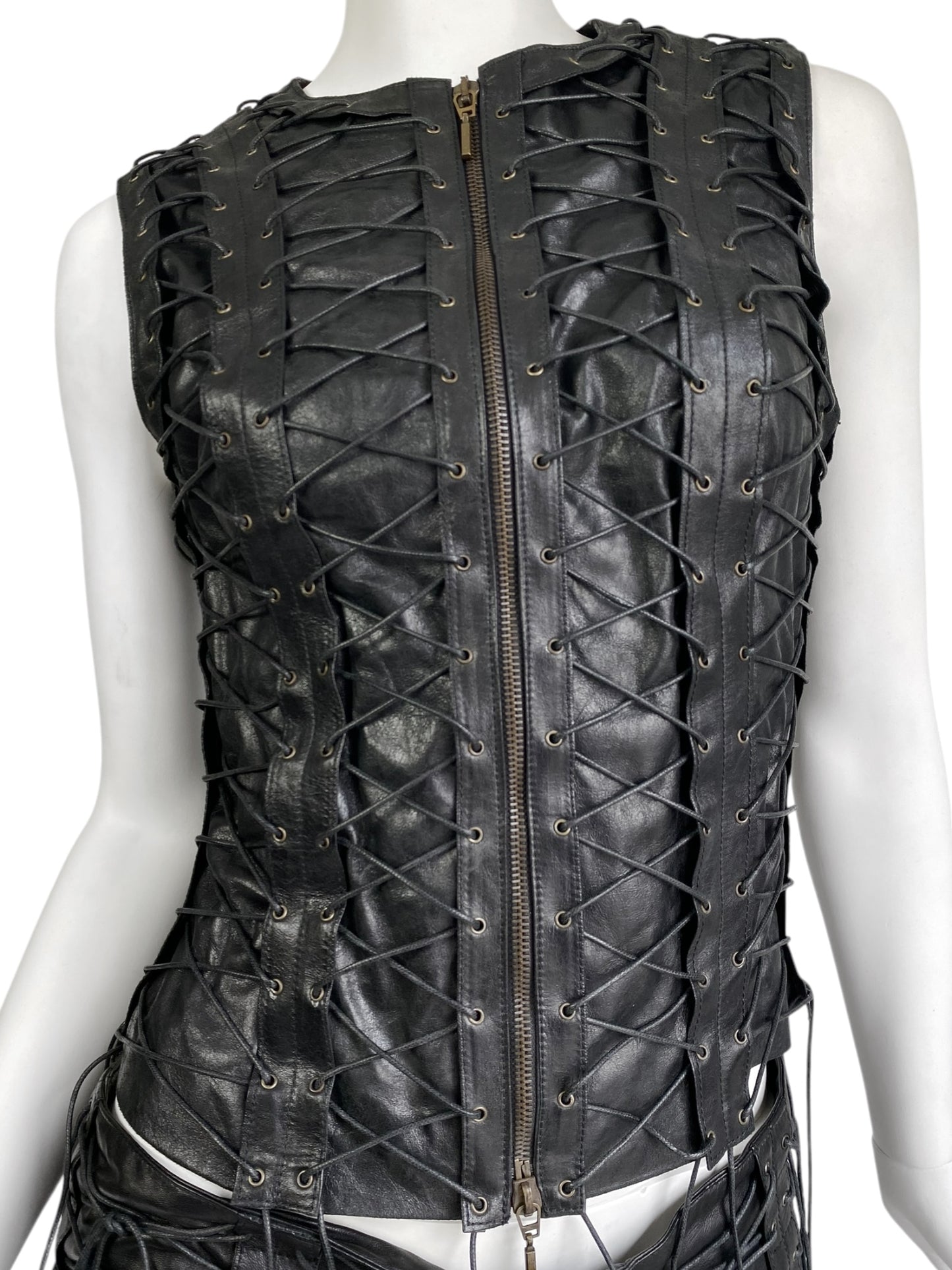 PLEIN SUD FW2002 BLACK LEATHER LACED-UP CAGE 2P. SET (JACKET + PANTS)