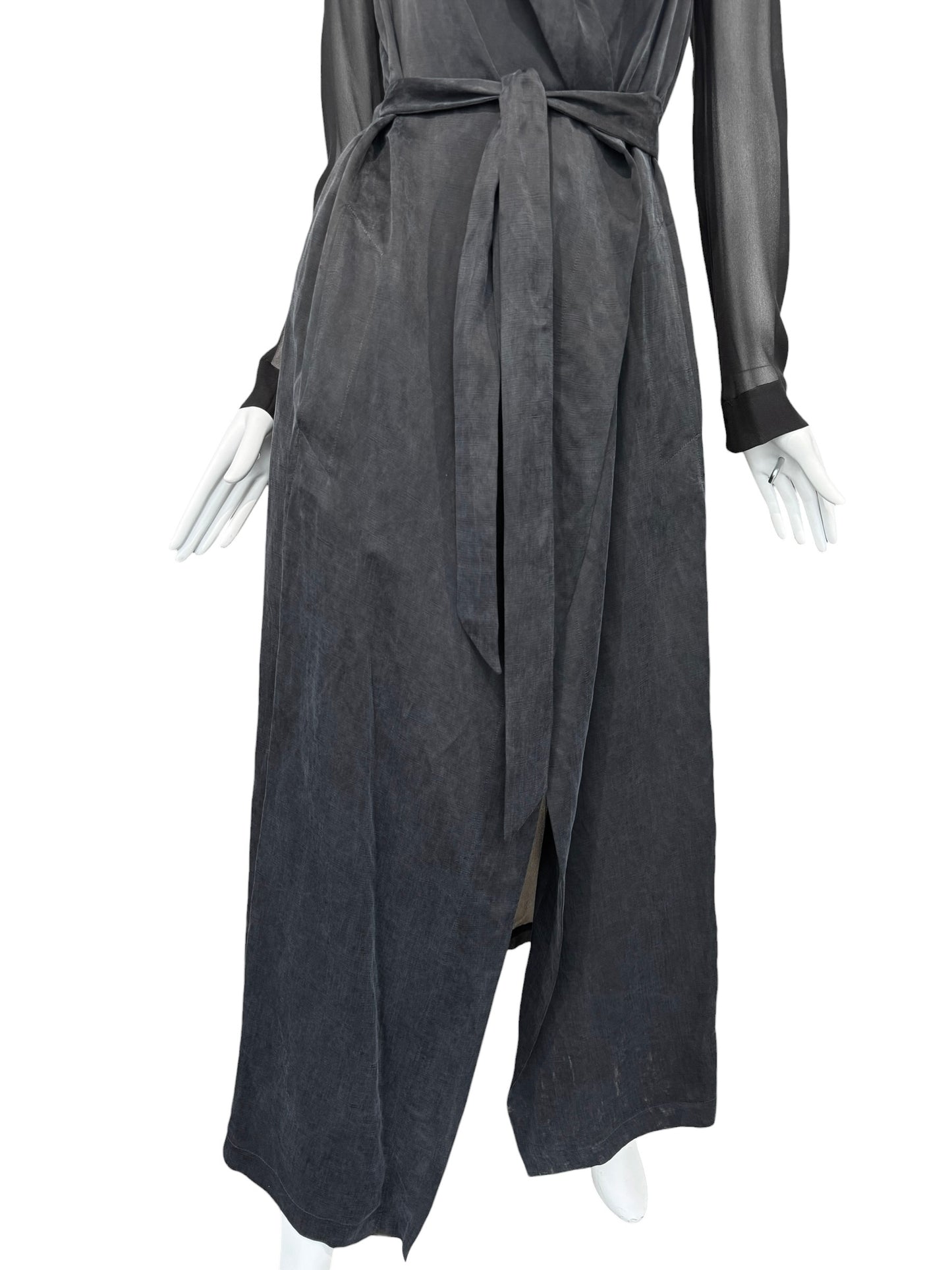FAYÇAL AMOR 2010s DARK BLUE & BLACK LINEN & SILK MAXI COAT