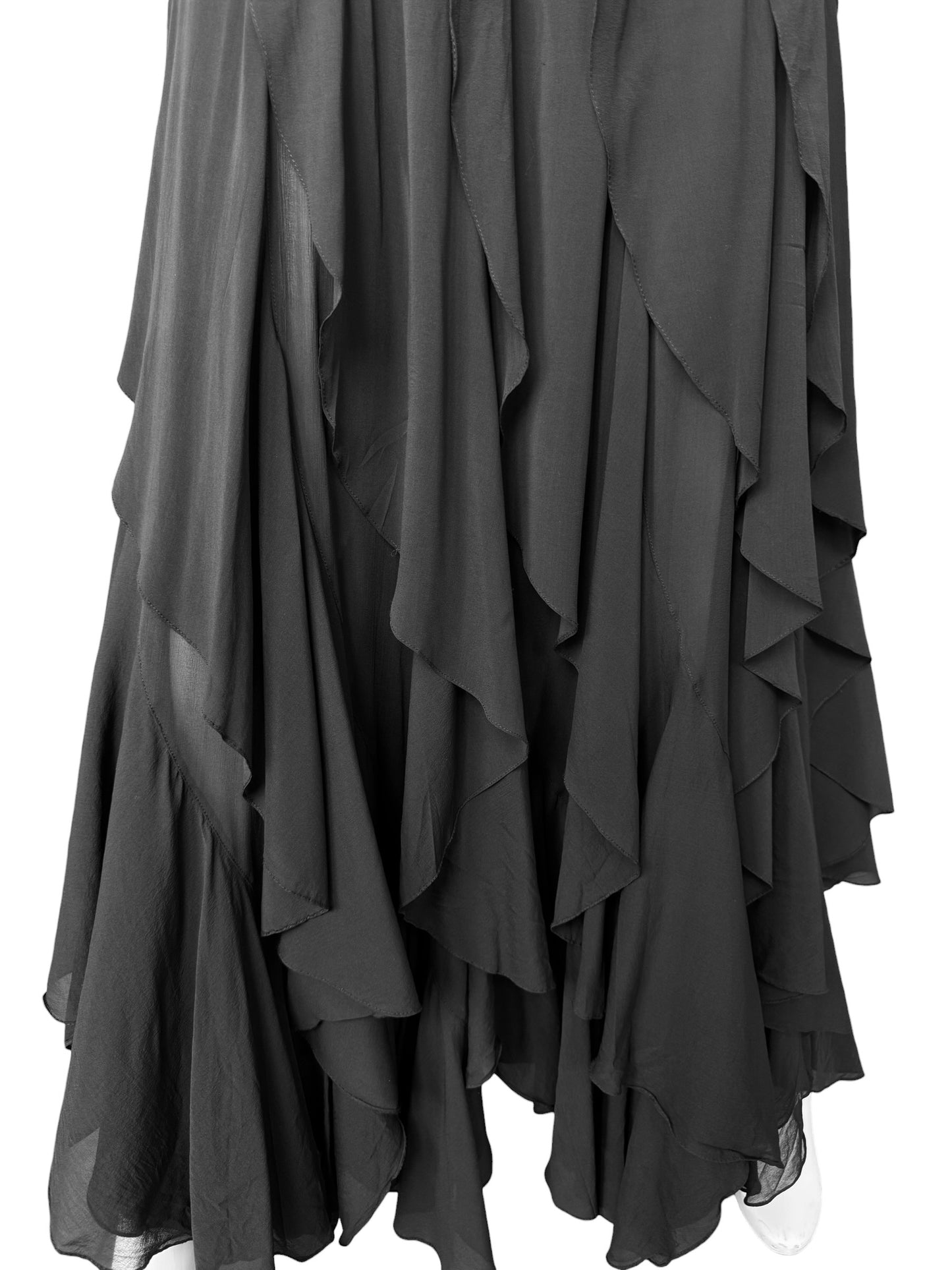 PLEIN SUD SS2000 BLACK SILK CASCADING RUFFLES MAXI SKIRT