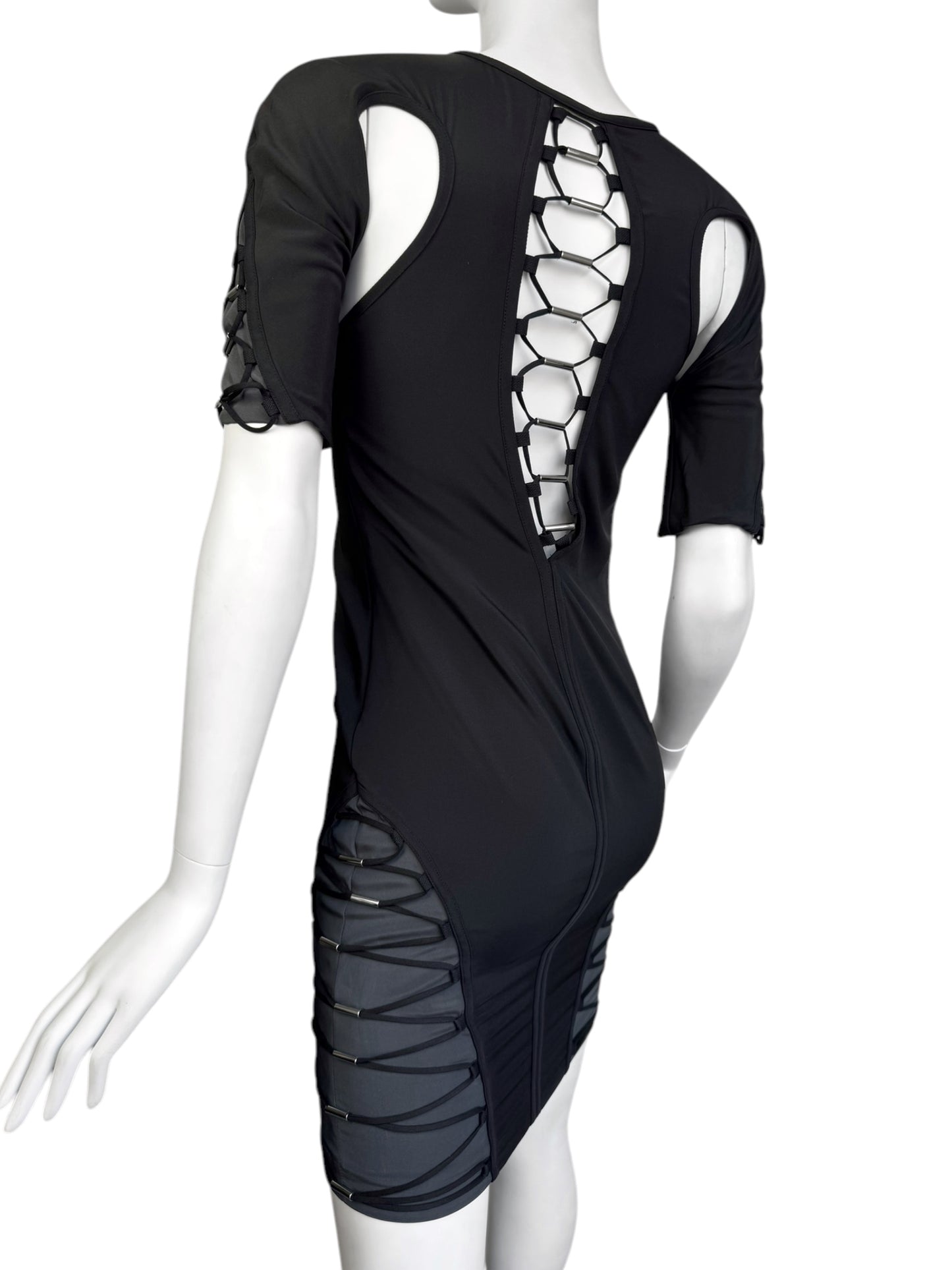 GUCCI SS2010 BY FRIDA GIANNINI BLACK & GREY SILK BLEND CUT-OUT LACE-UP FUTURISTIC MINI DRESS