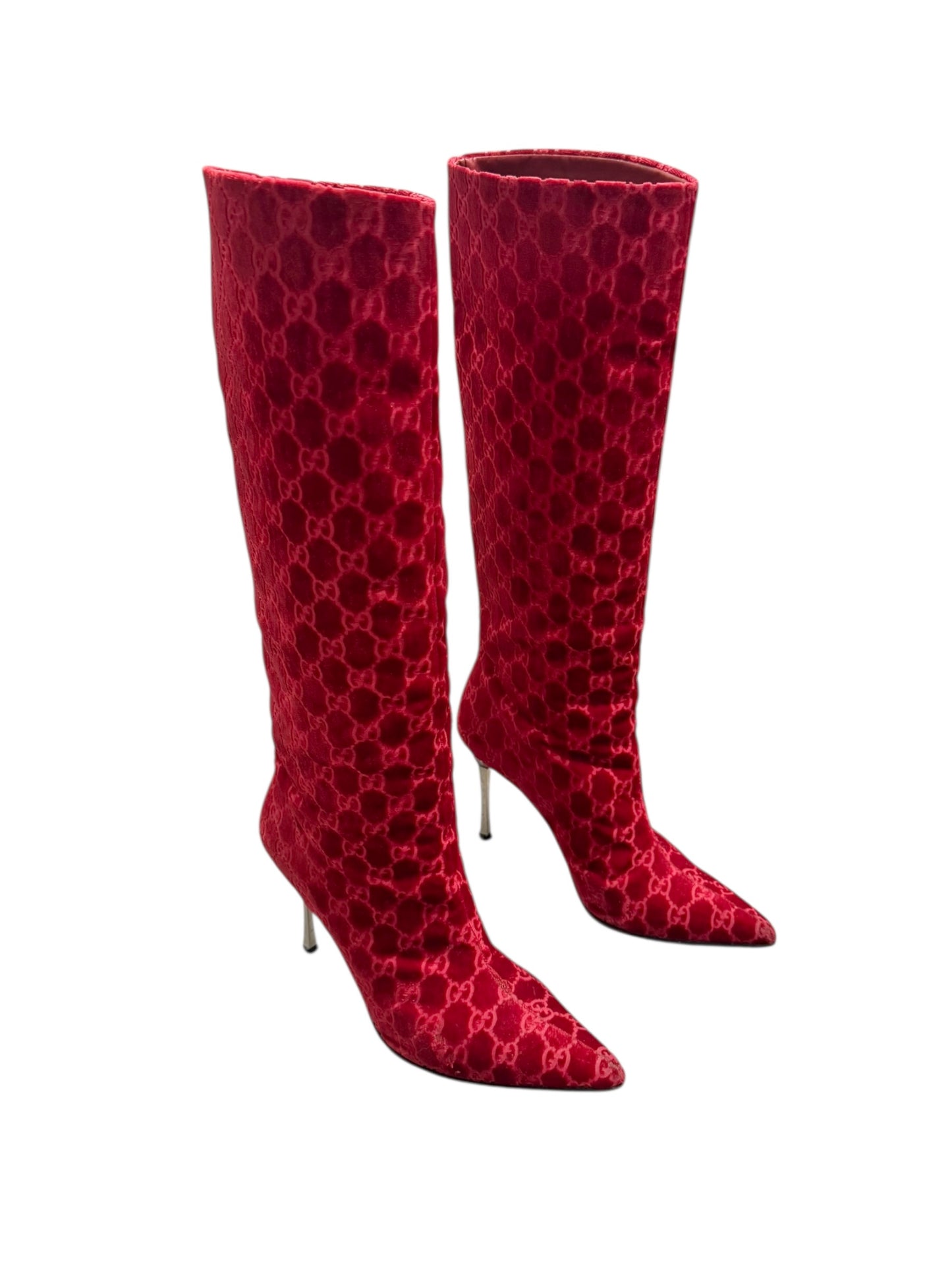 GUCCI FW1997 BY TOM FORD RED VELVET ‘GG’ MONOGRAM BOOTS