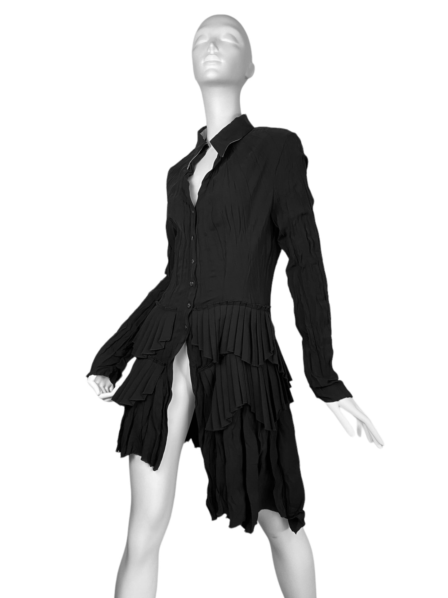 LEIKO 2000s BLACK ASYMMETRICAL PLEATED LONG SHIRT