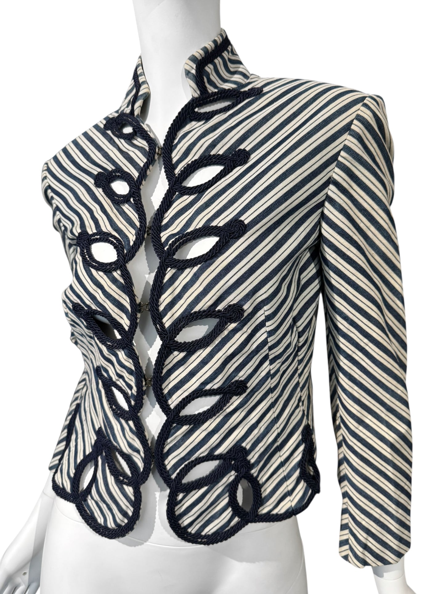 ALEXANDER MCQUEEN SS2005 «IT’S ONLY A GAME» OFF-WHITE & NAVY BLUE STRIPED NAPOLEON JACKET
