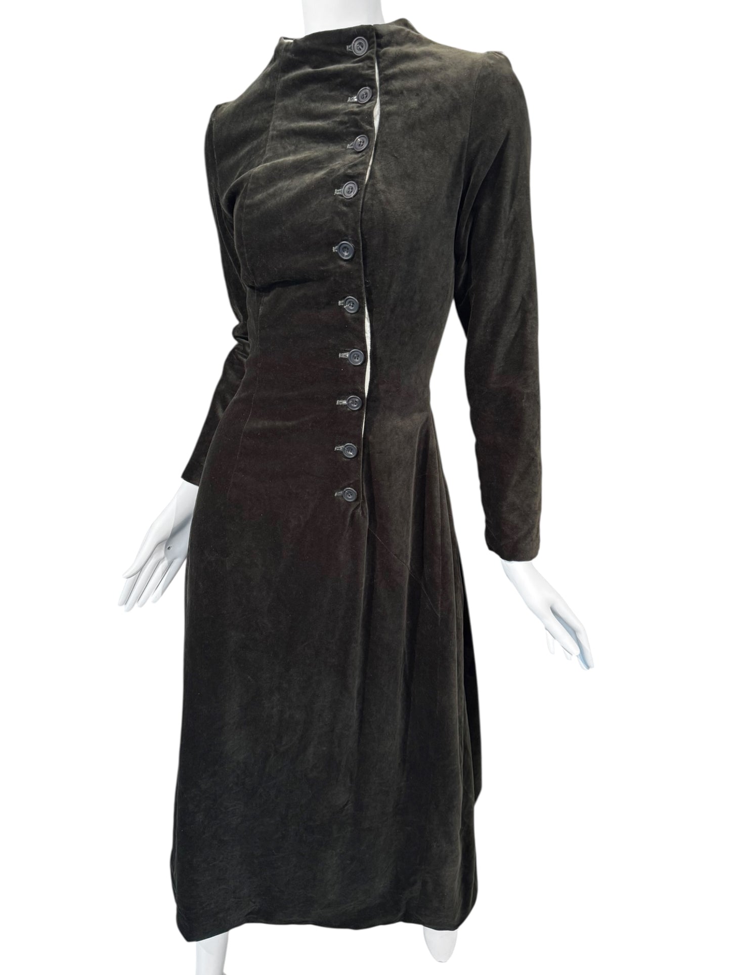 PAUL HARNDEN SHOEMAKERS 2000s DARK OLIVE VELVET MAXI ASYMMETRIC BUTTON MAXI DRESS