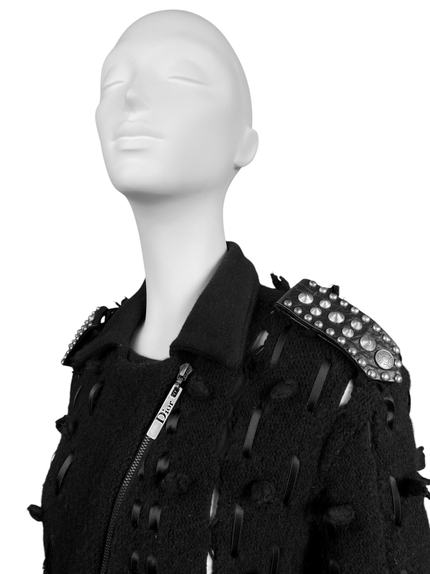 DIOR FW2004 BY GALLIANO BLACK WOOL LACED STUDDED MAXI COAT