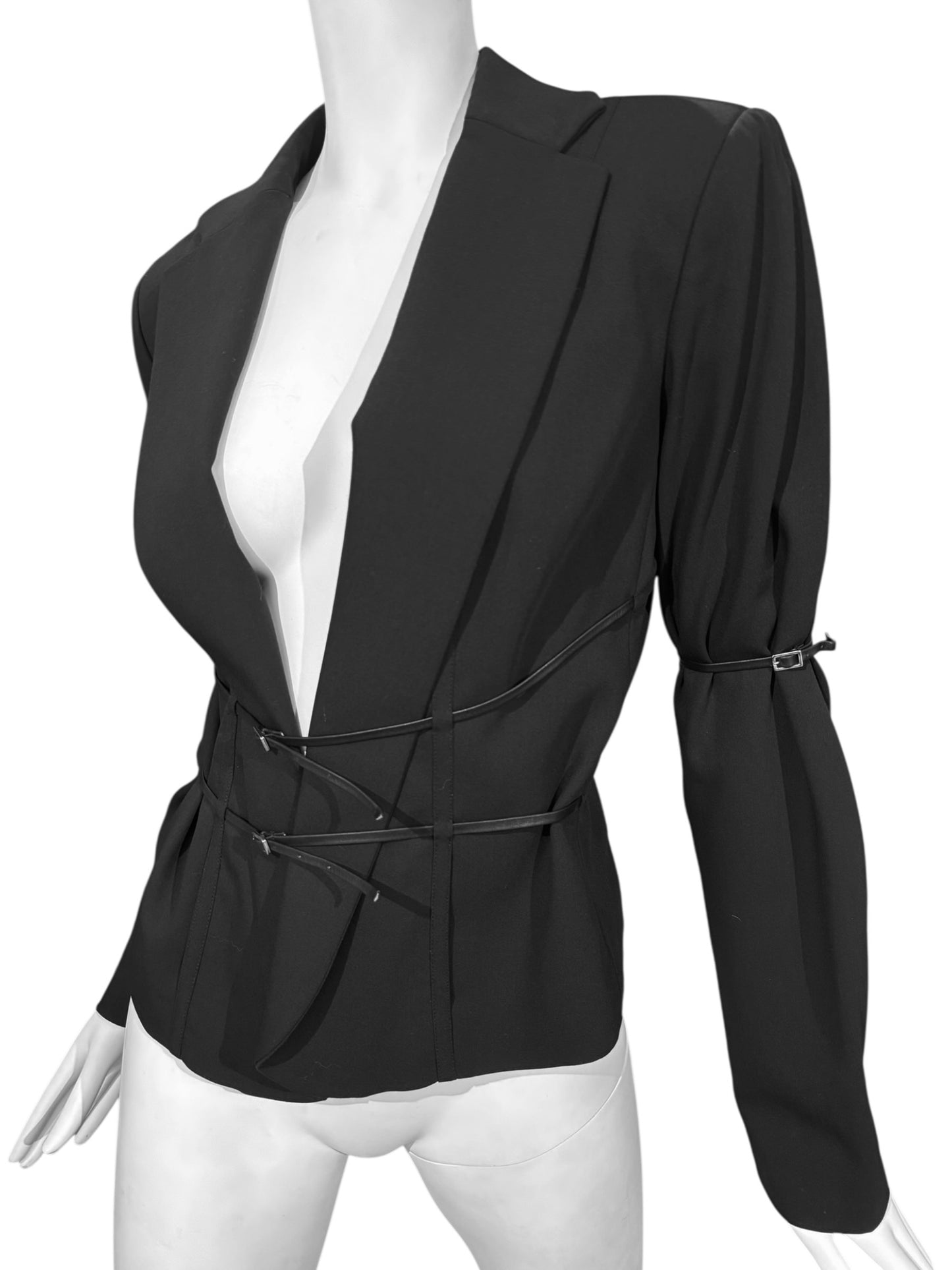 PLEIN SUD 1990s BLACK WOOL LEATHER STRAPS BLAZER