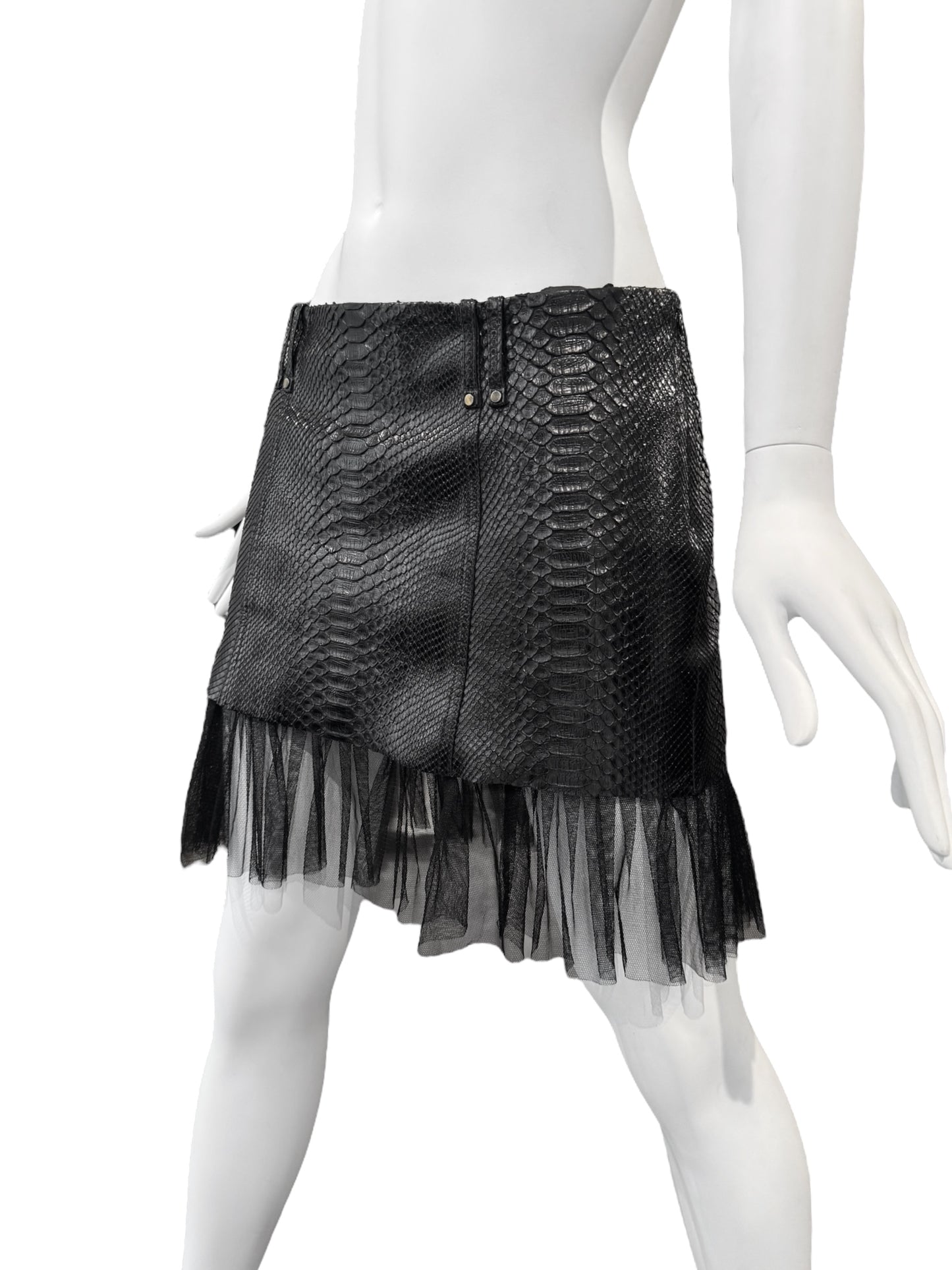 PLEIN SUD SS2011 BLACK PYTHON LEATHER TULLE HEM MINI SKIRT